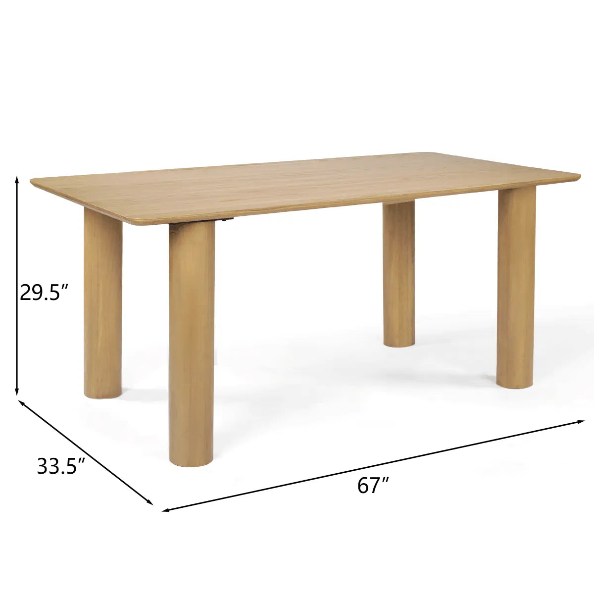 Johson Modern Solid Oak Rectangular Dining Table with Dimensions: 67"x33.5"x29.5" in minimal setting.