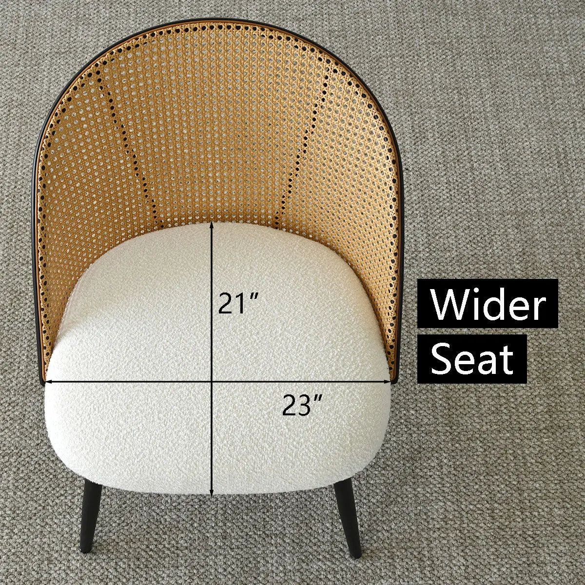 Jules Modern Upholstered Rattan Dining Chair on gray carpet, dimensions 21"x23" wider seat.