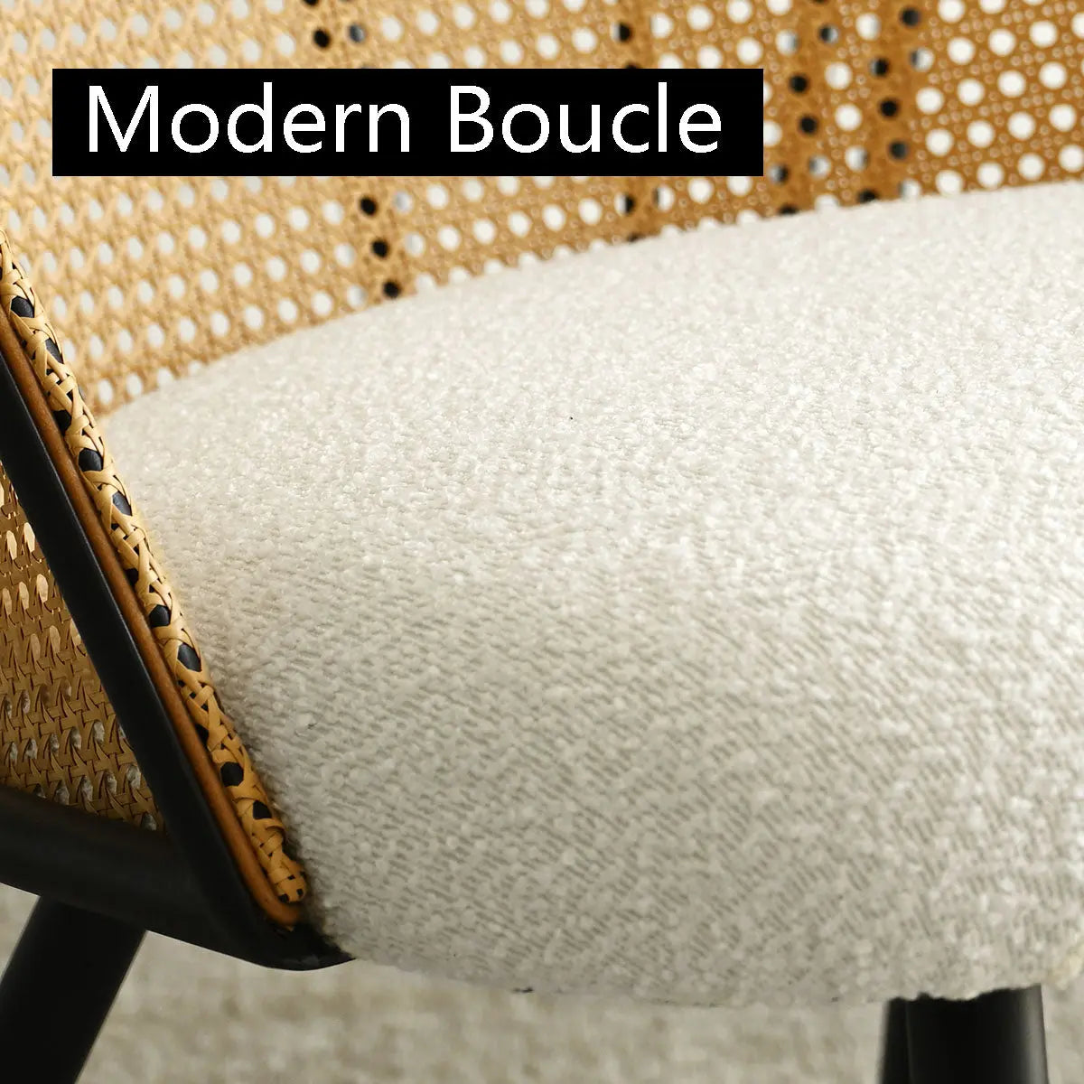 Jules Modern Upholstered Rattan Dining Chair detail with boucle fabric and woven rattan backrest.