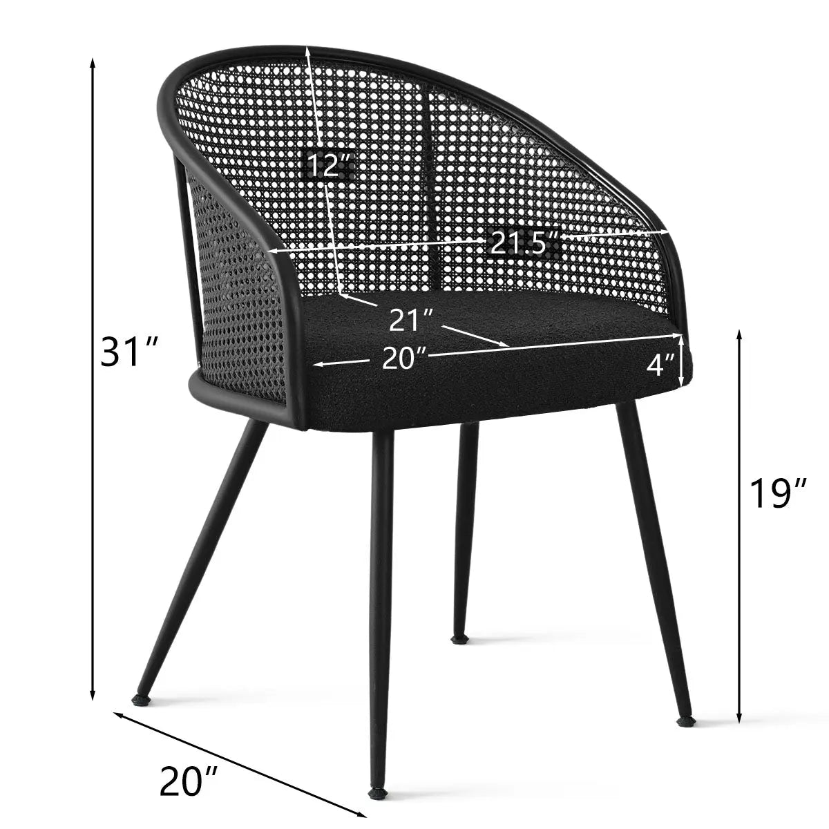 Dimensions of Jules Modern Upholstered Rattan Dining Chair with Arms.