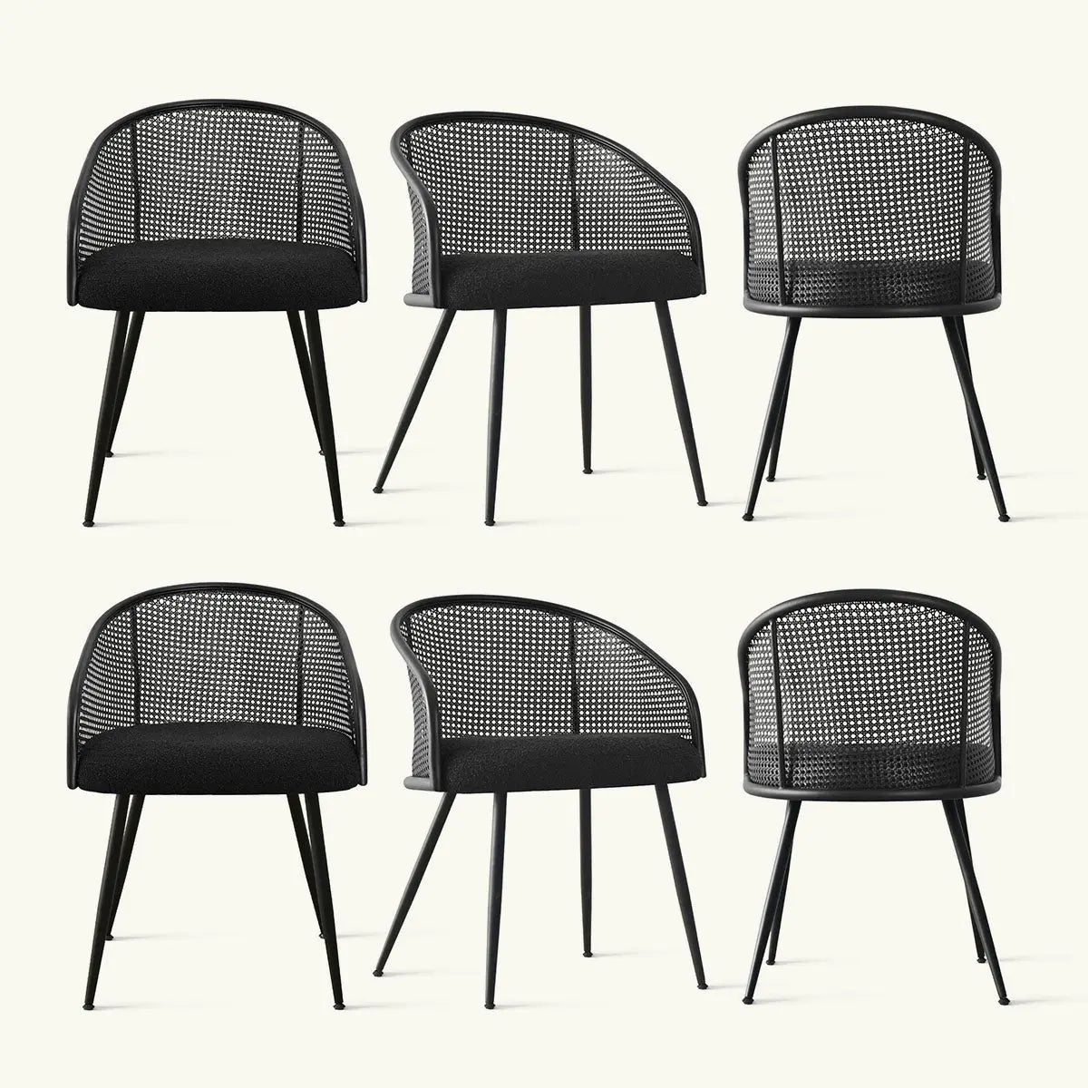 Six Jules Modern Upholstered Rattan Dining Chairs showcasing sleek design with black upholstery and arms.