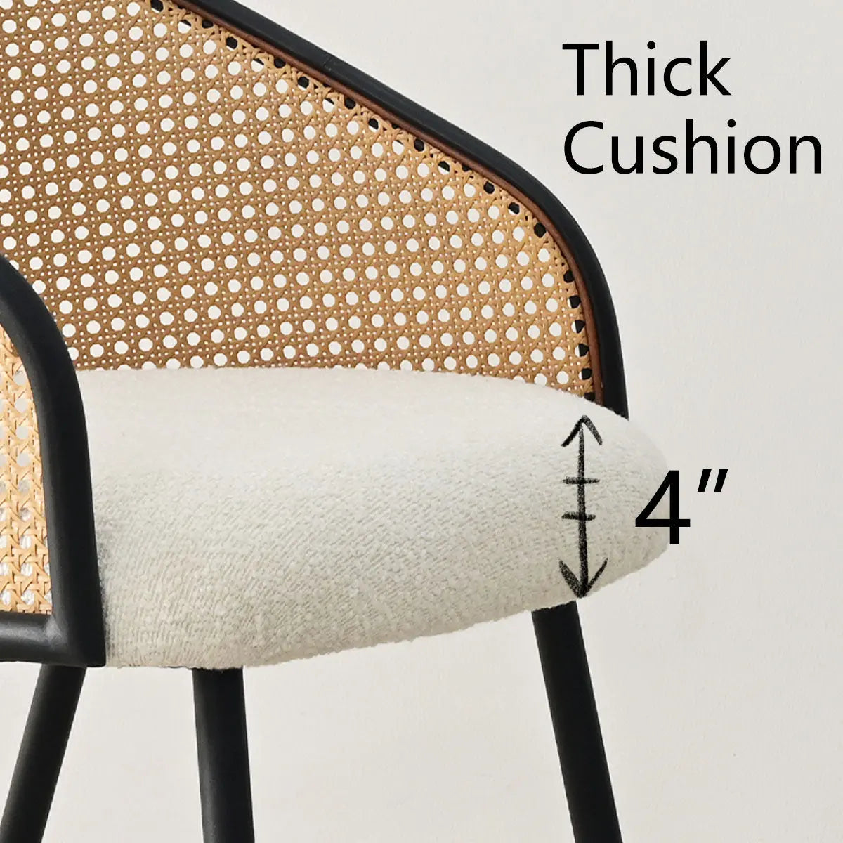 Jules Modern Upholstered Rattan Dining Chair with Armrests, 4-inch thick cushion detail, minimal design.