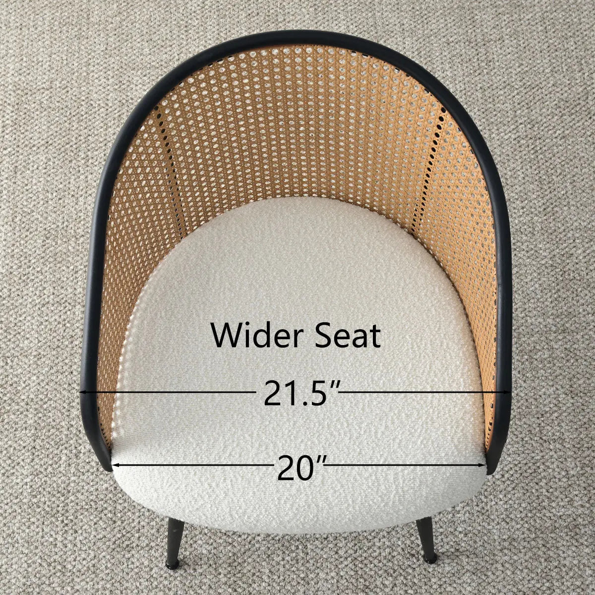 Chair dimensions for Oliver & Jules Rattan Round Dining Table Set on carpeted floor. Wide seat.