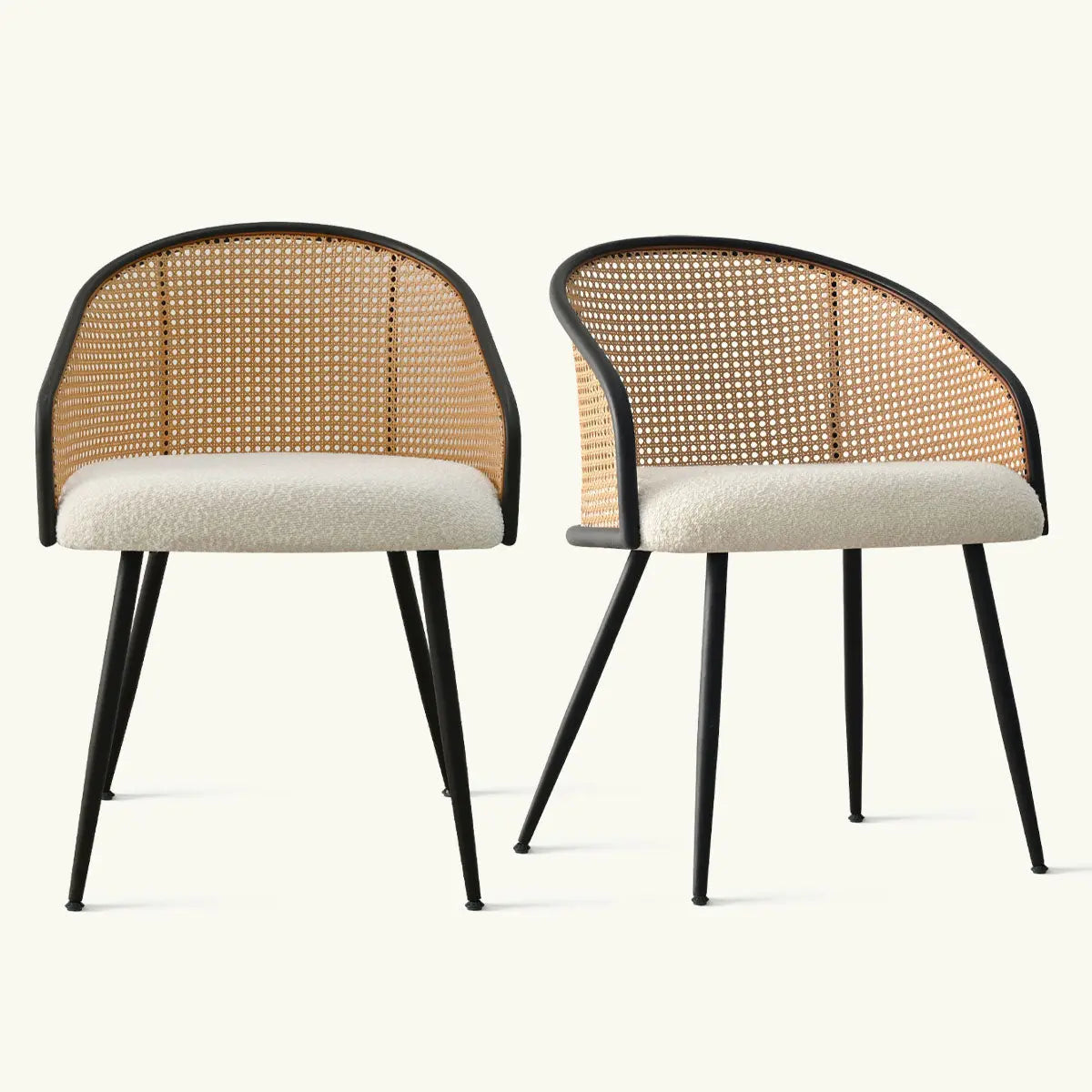 Jules Modern Upholstered Rattan Dining Chair with Arms, set of two, minimalist style.