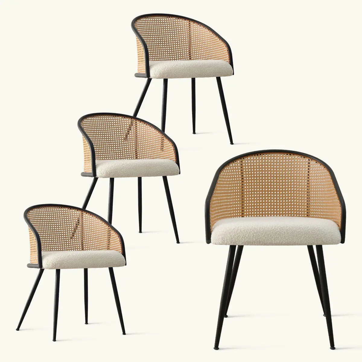 Set of Jules Rattan Dining Chairs with arms, upholstered seats, modern style.