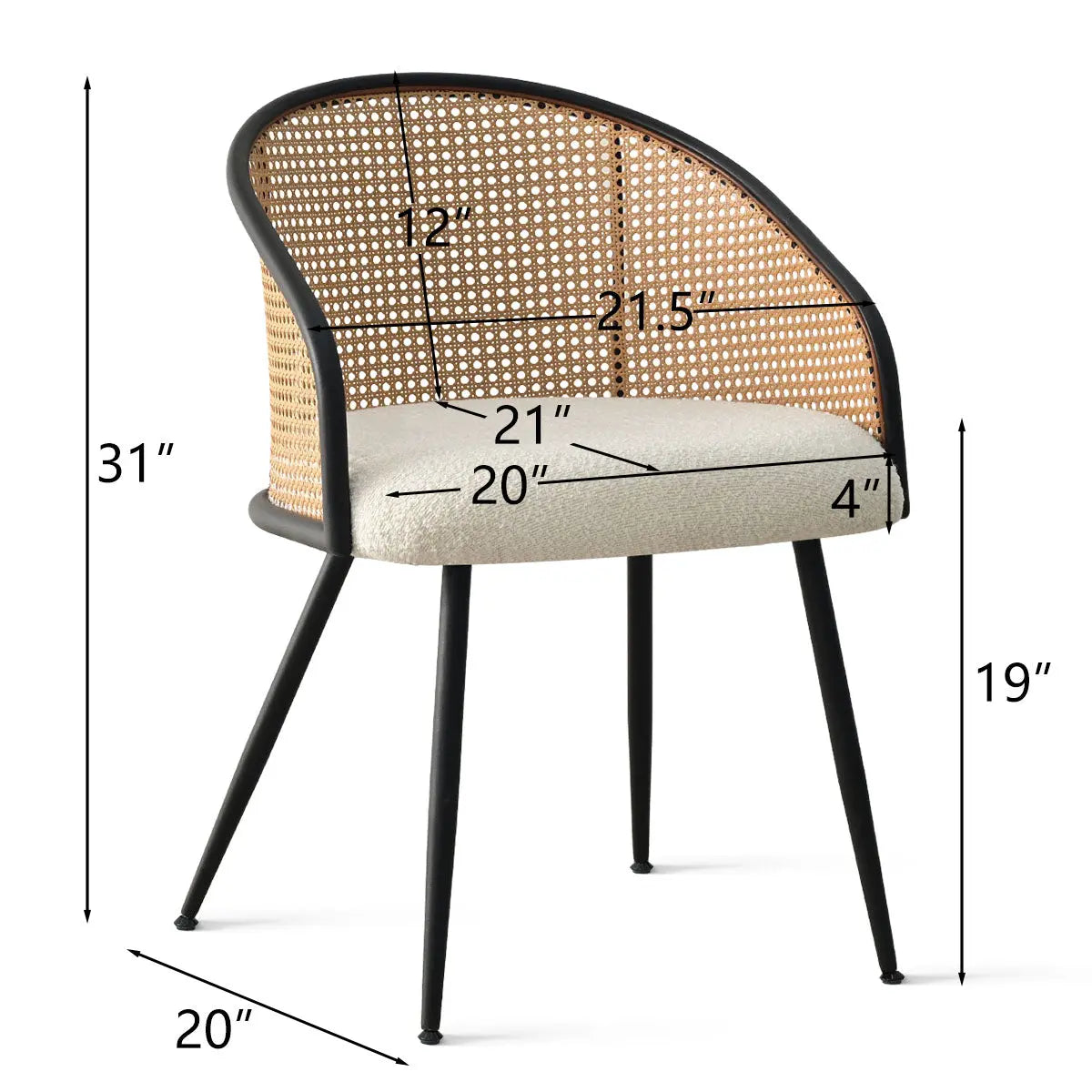 Jules Modern Upholstered Rattan Dining Chair with Arms, dimensions shown, sleek black legs, woven back.