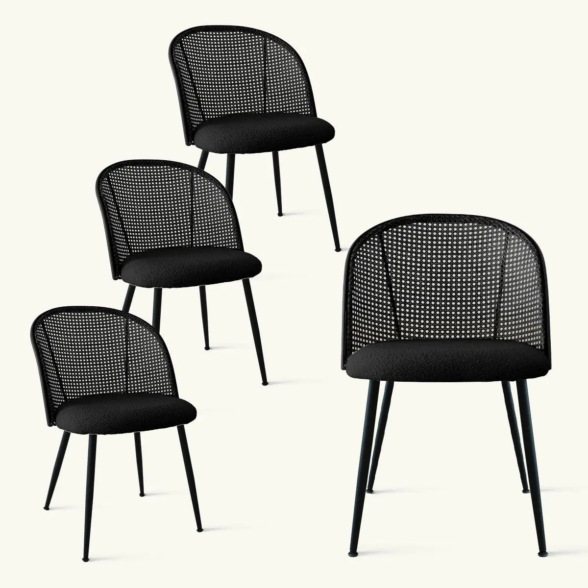 Set of black Jules Modern Upholstered Rattan Dining Chairs, featuring sleek design.