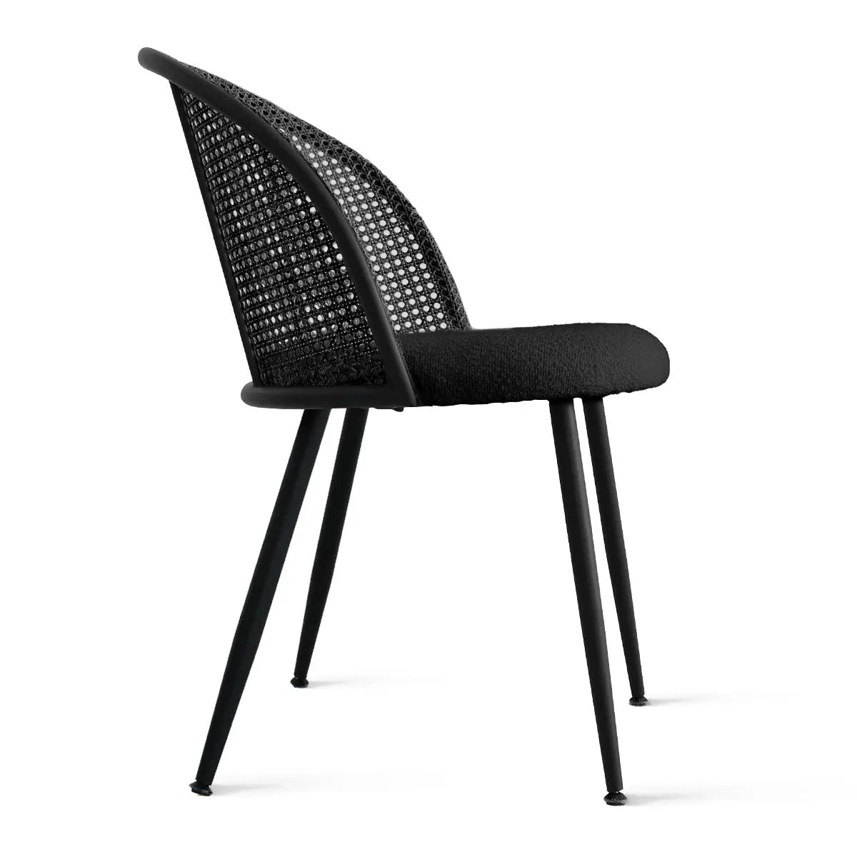 Jules Modern Upholstered Rattan Dining Chair, black finish, minimalist design, sleek metal legs.