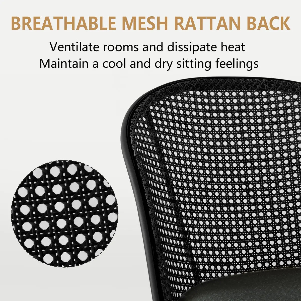 Breathable mesh back of Jules Modern Upholstered Rattan Dining Chair for optimal comfort.