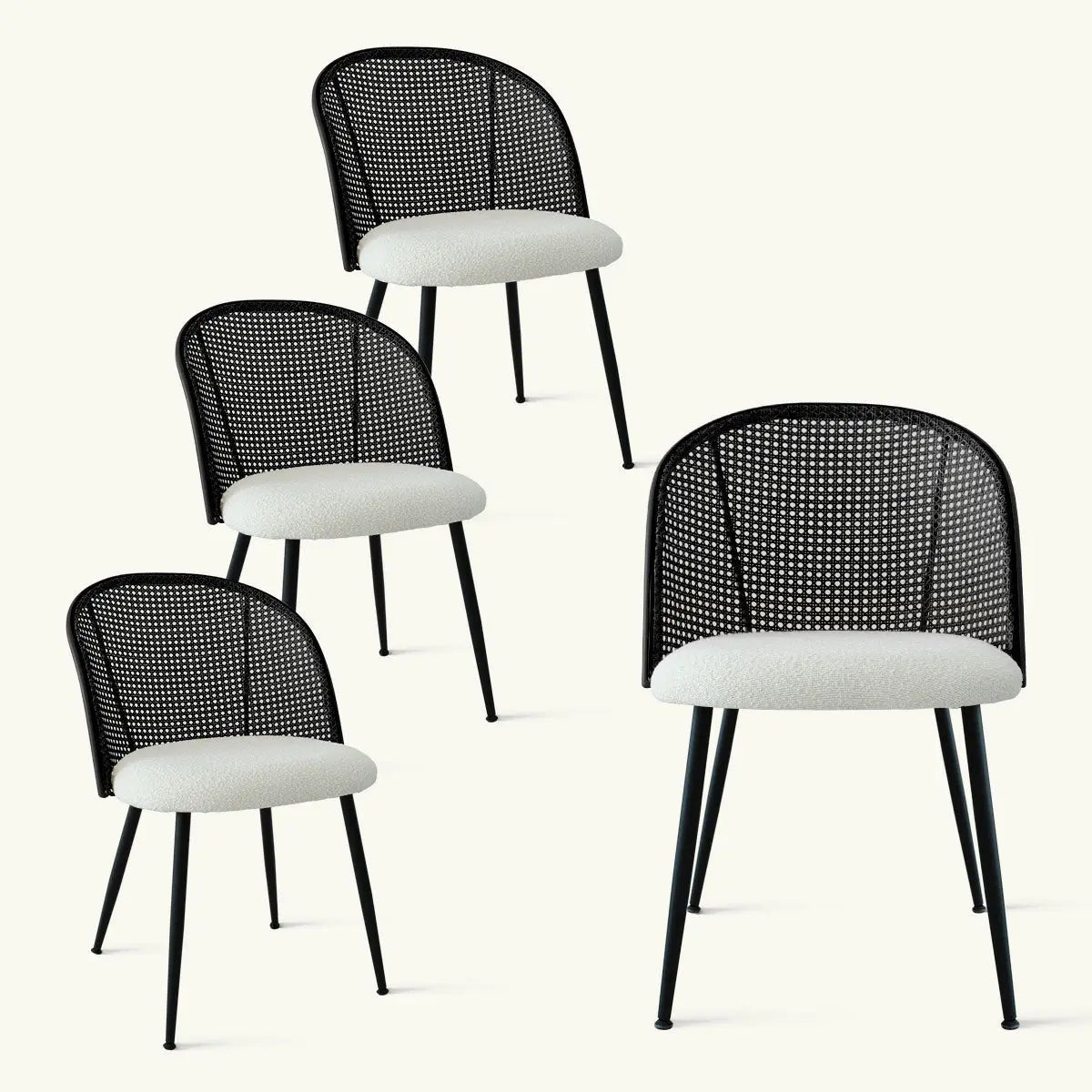 Stylish Jules Modern Upholstered Rattan Dining Chair set, featuring sleek black and white design.