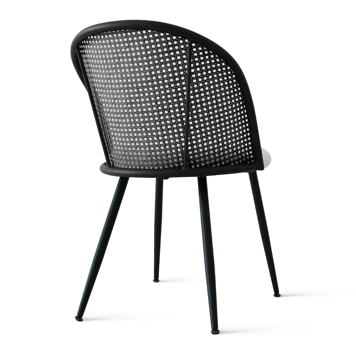 Jules Modern Upholstered Rattan Dining Chair with black frame, contemporary design and elegant seating.