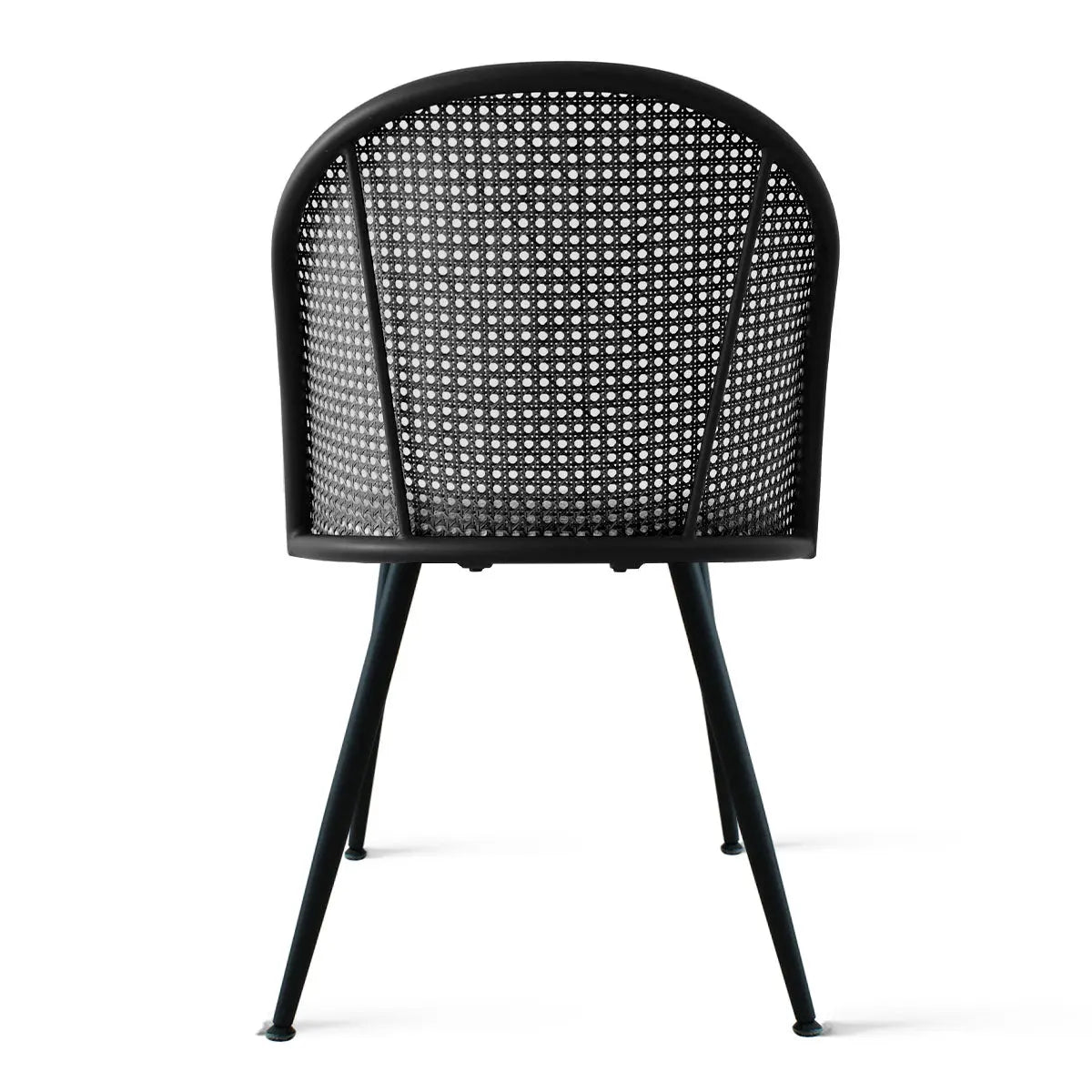 Back view of Jules Modern Upholstered Rattan Dining Chair with black legs, no background, close-up.