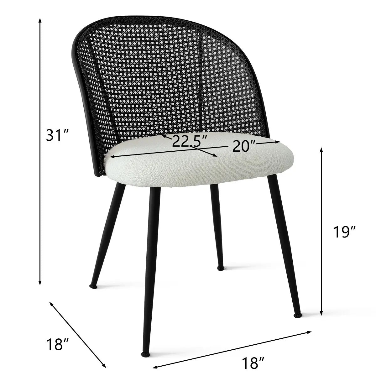 Jules Modern Rattan Dining Chair dimensions: height 31", seat 22.5"x20", leg height 19".