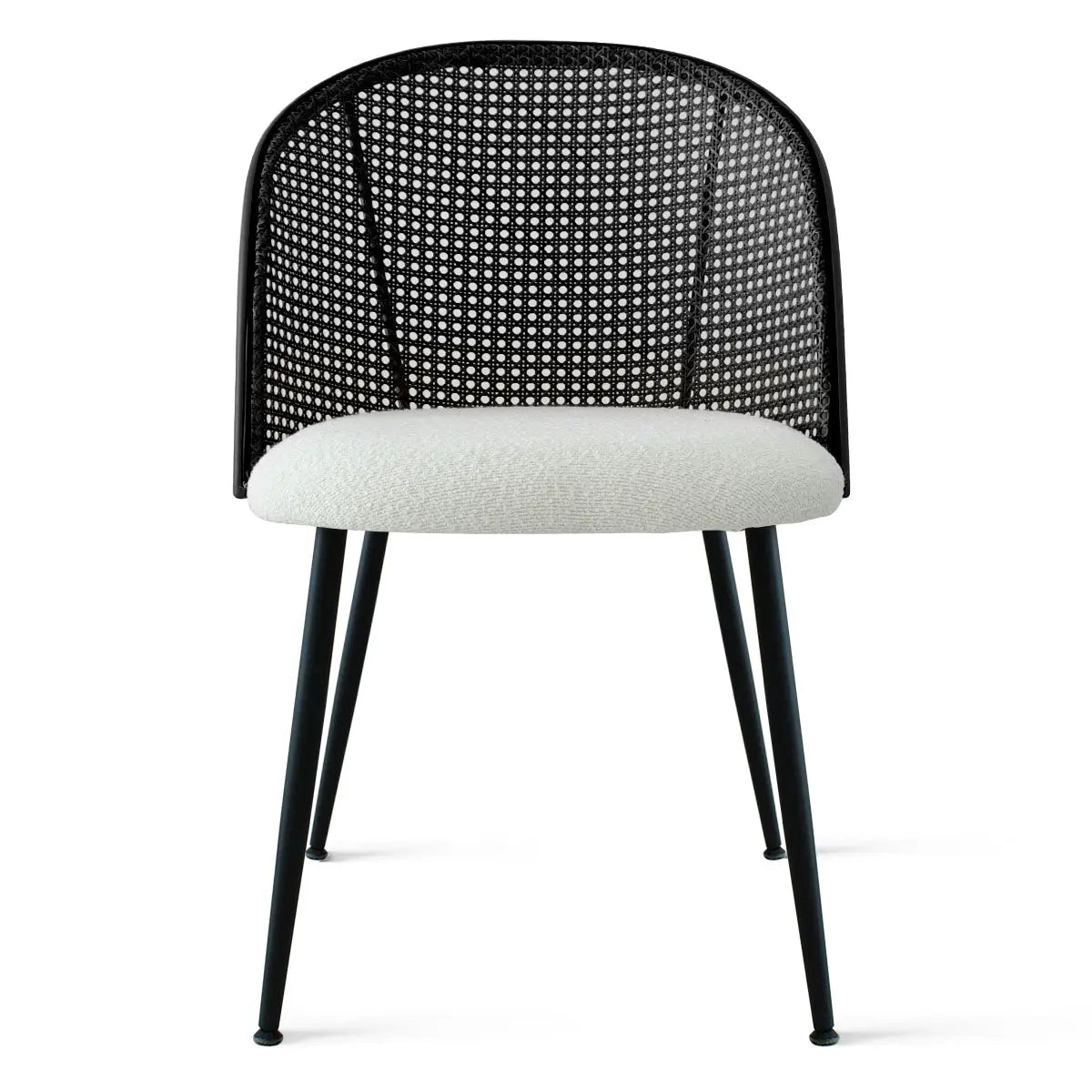 Jules Modern Upholstered Rattan Dining Chair, black mesh back, white cushion, sleek metal legs.