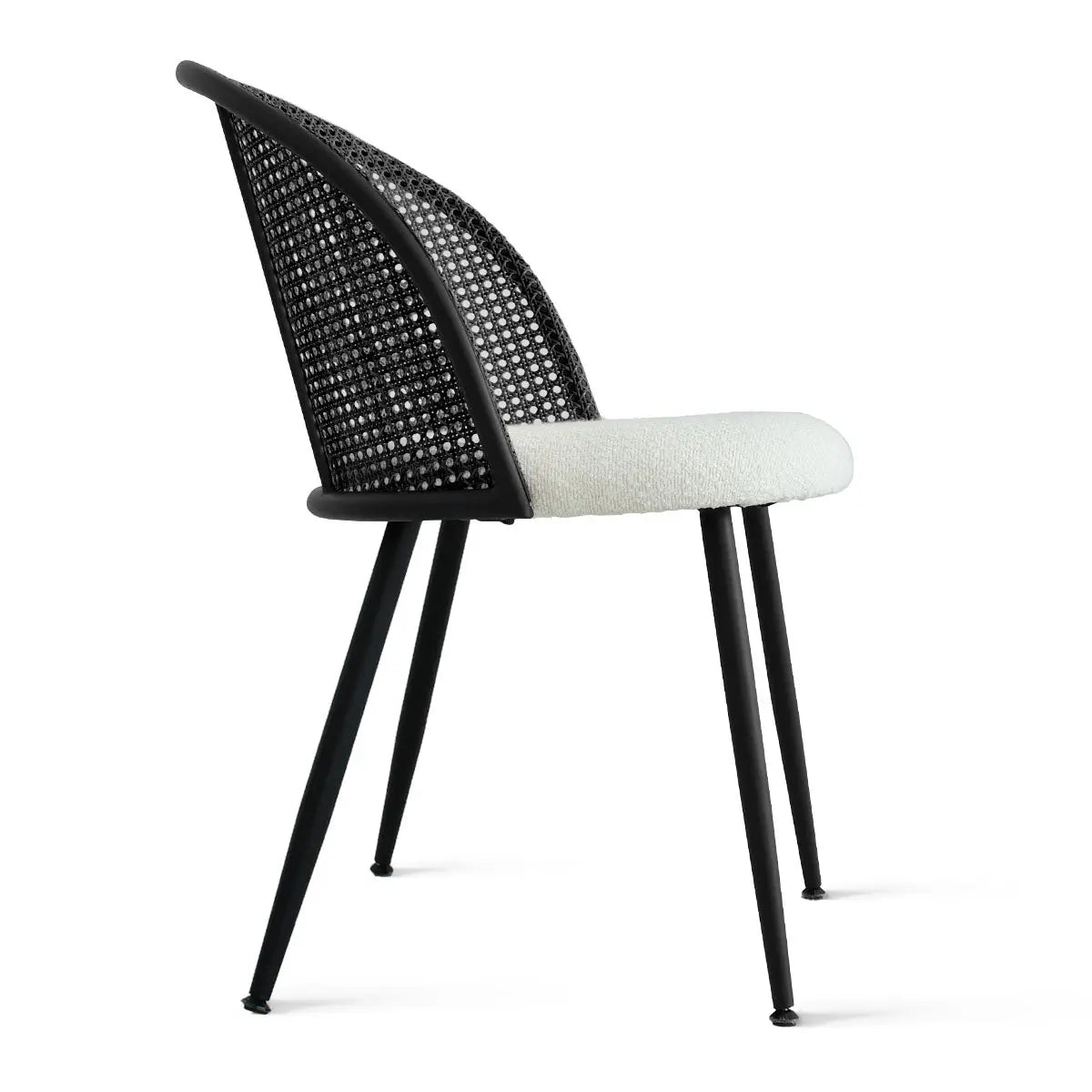 Jules Modern Upholstered Rattan Dining Chair, black frame, side view, contemporary design, dining seating.