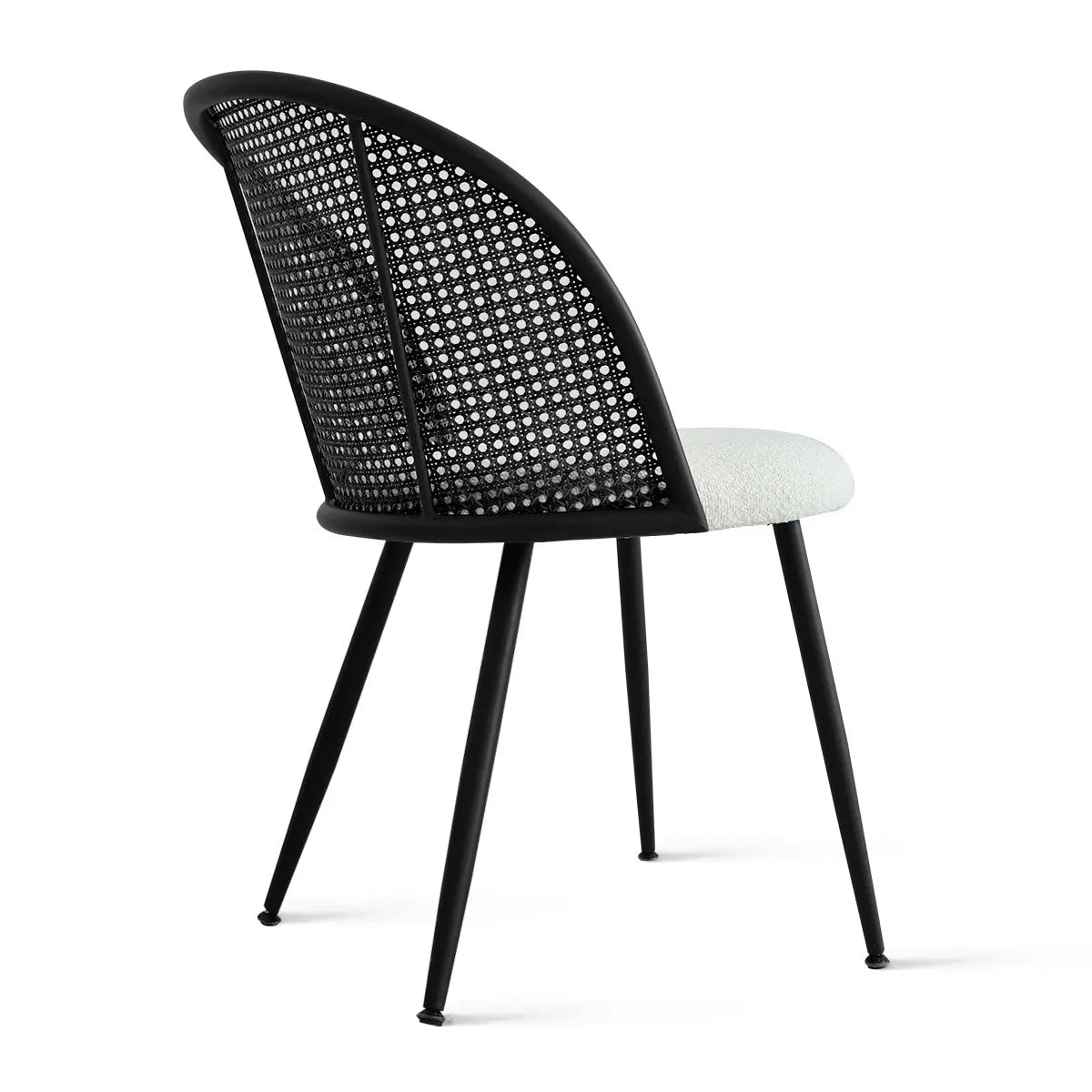 Jules Modern Upholstered Rattan Dining Chair, black frame, sleek design, suitable for minimalist dining rooms.