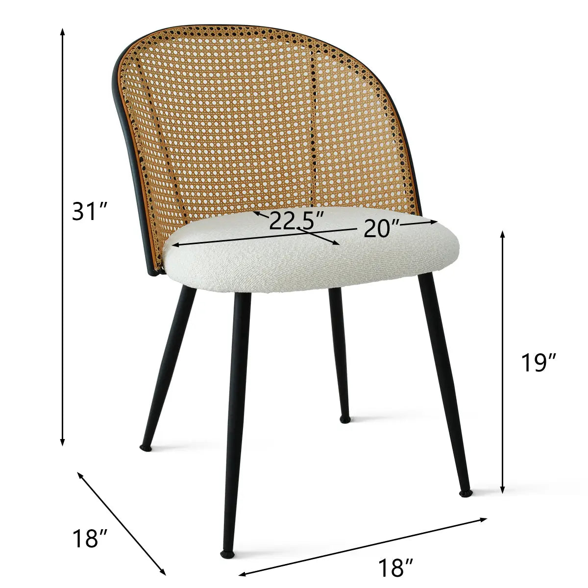 Jules Modern Upholstered Rattan Dining Chair with dimensions; black legs and curved rattan backrest.