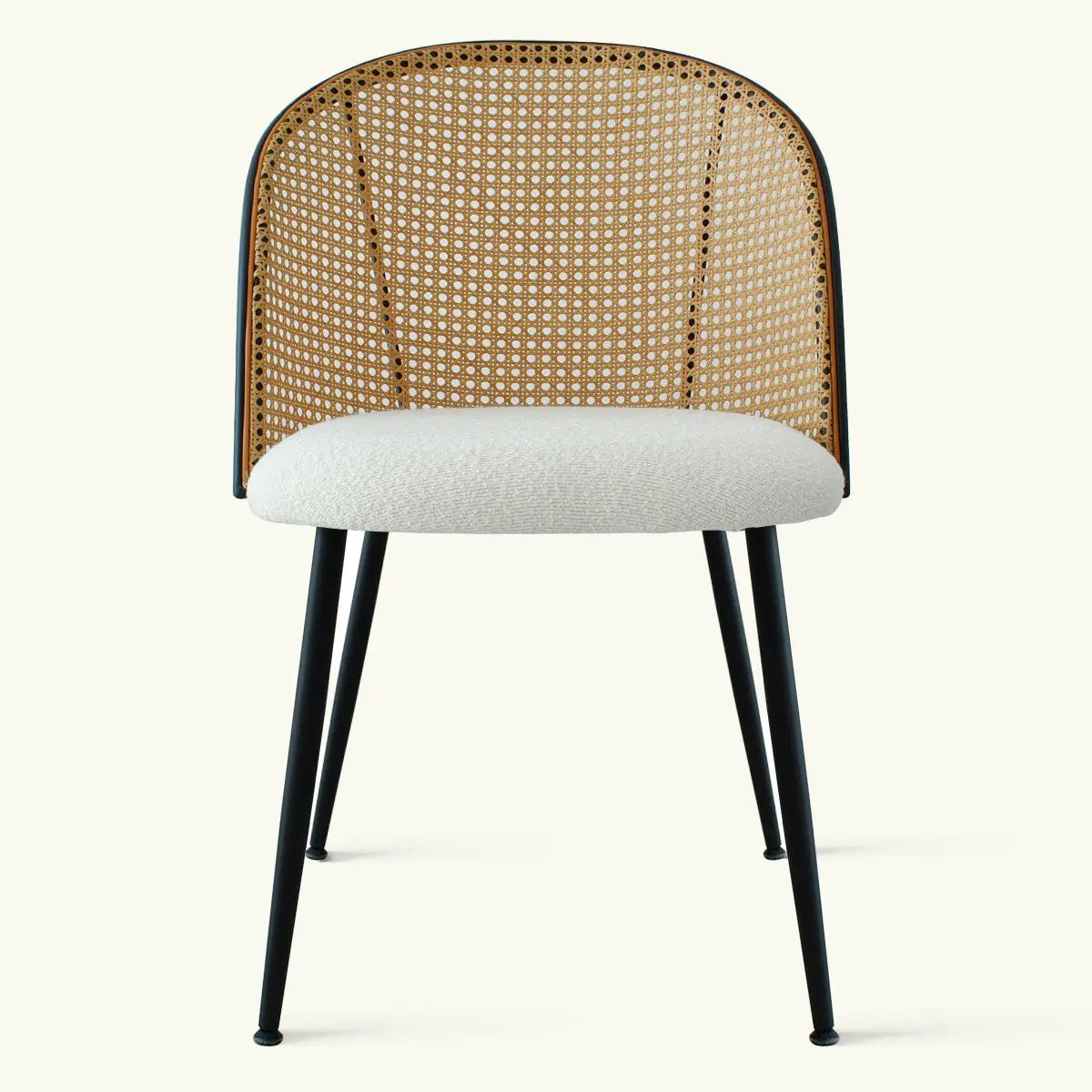 Jules Modern Upholstered Rattan Dining Chair with metal legs and woven backrest design, ideal decor.