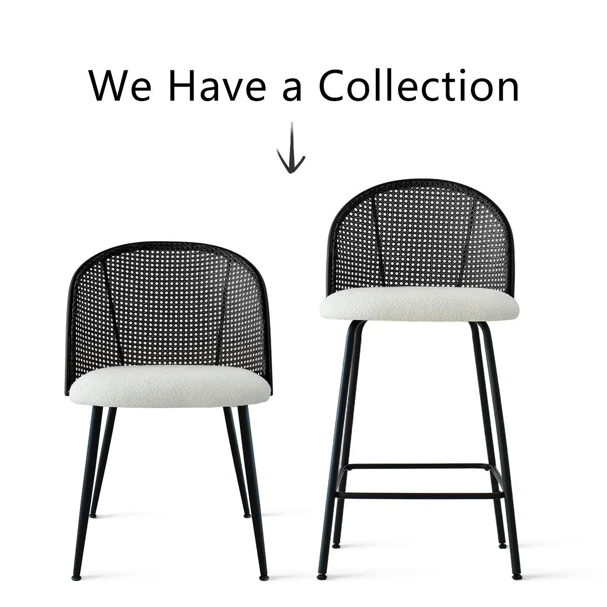 Jules modern upholstered rattan counter stool with black metal legs, minimalist style, white background.