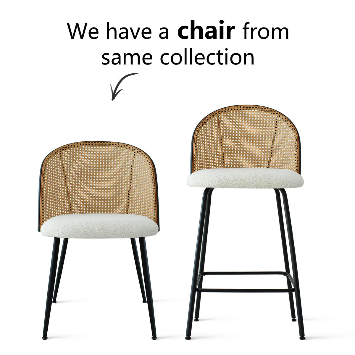 Jules Modern Upholstered Rattan Dining Chair, stool version, with black legs and rattan backrest.