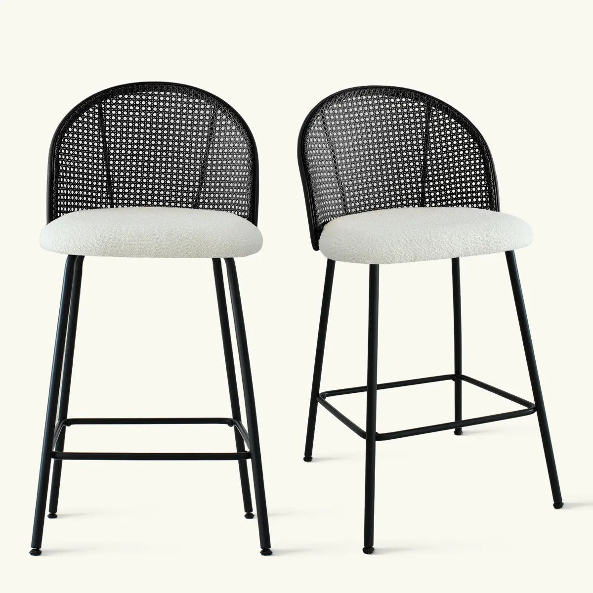 Jules Modern Upholstered Rattan Counter Stool set with elegant black frame, ivory cushion seating.