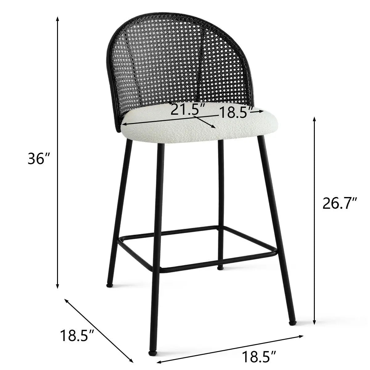 Jules Modern Upholstered Rattan Counter Stool dimensions, black frame, white seat, minimalist design.