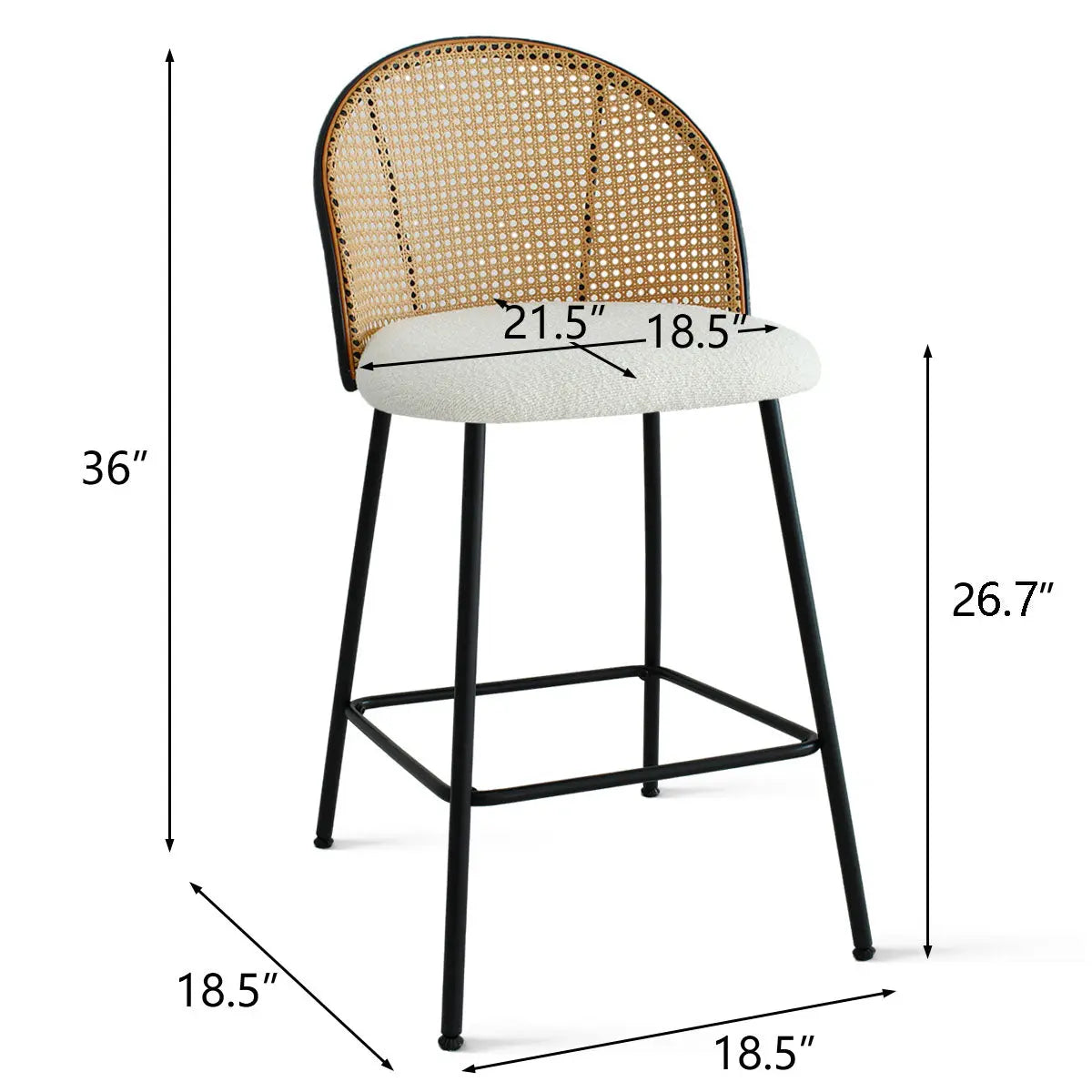 Jules Modern Upholstered Rattan Counter Stool with black legs, showing dimensions for stylish kitchen.