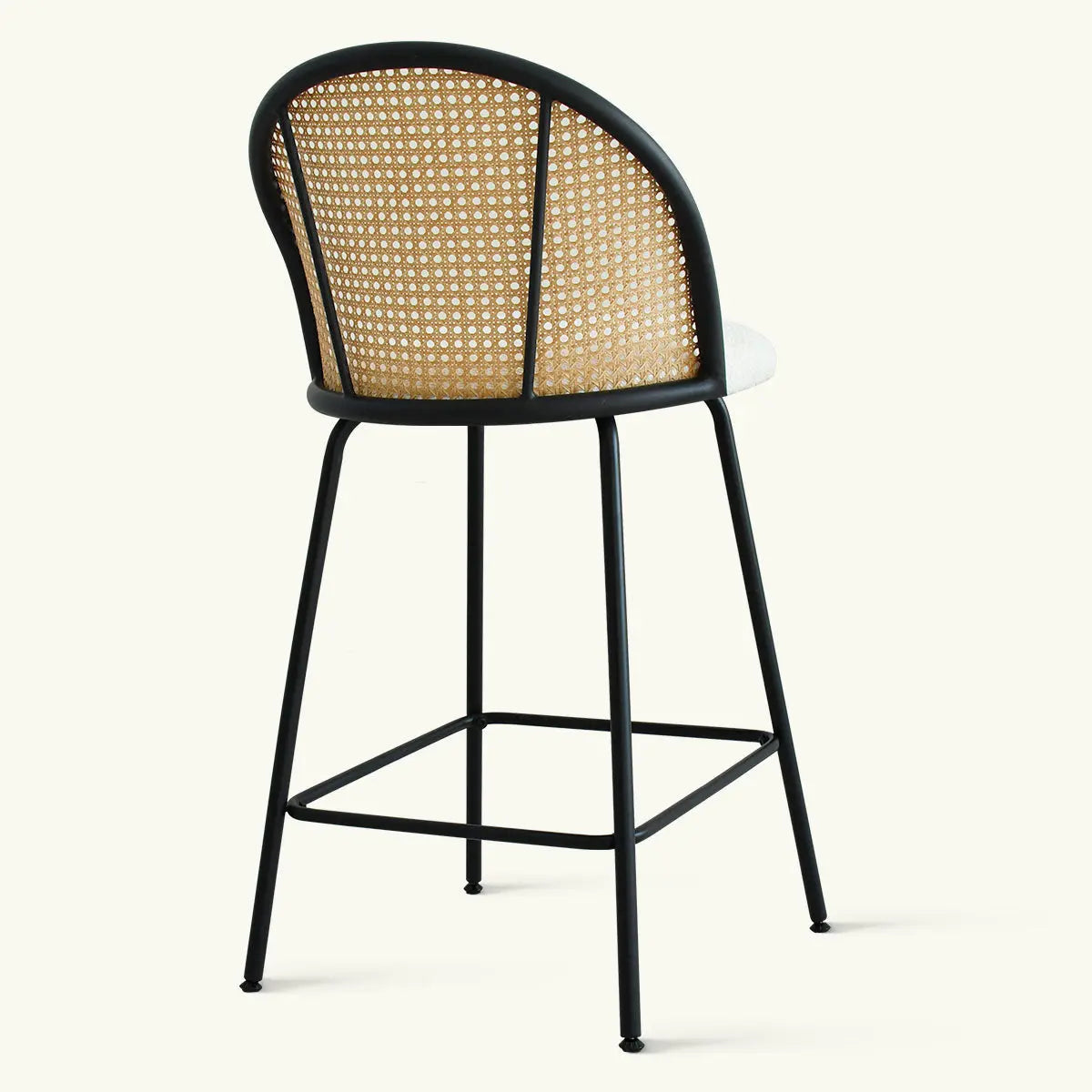 Jules Modern Upholstered Rattan Counter Stool, black metal legs, woven backrest, kitchen furniture.