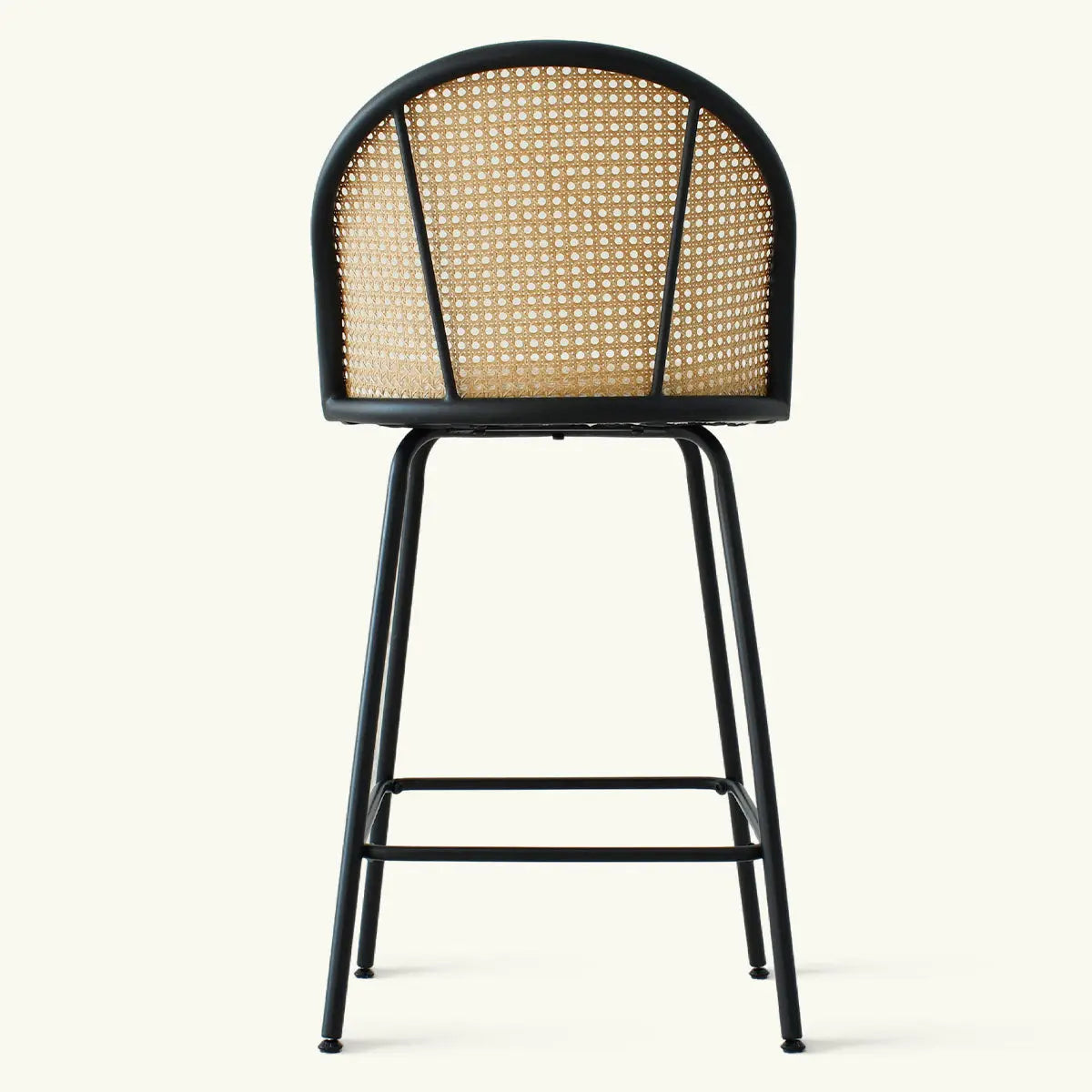 Jules Modern Upholstered Rattan Counter Stool with black legs, woven backrest, dimension of stool.