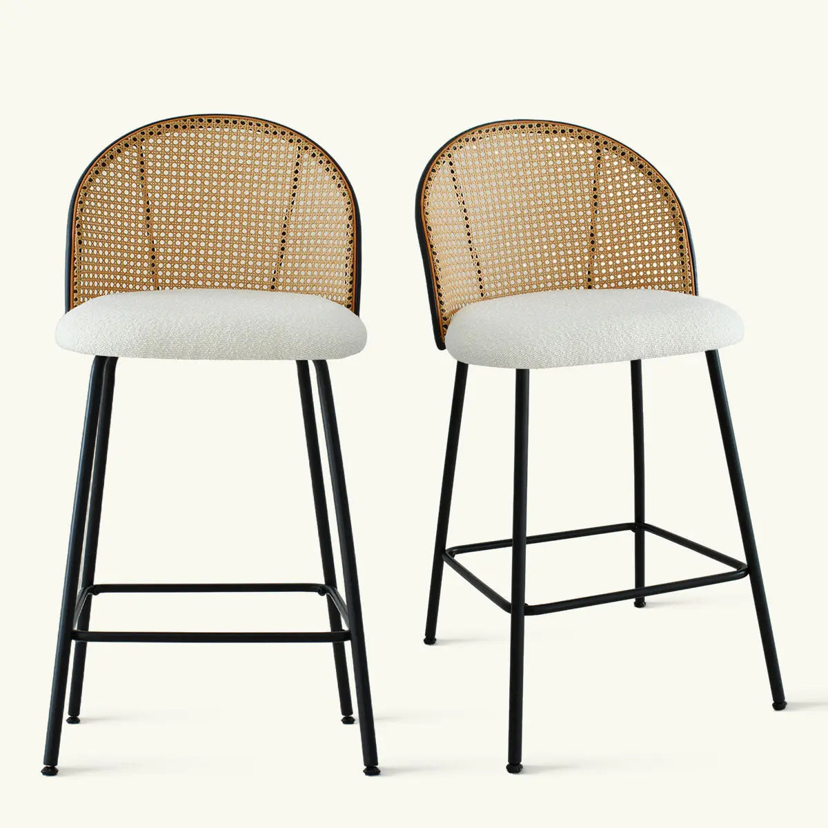 Jules Modern Upholstered Rattan Counter Stools with metal legs, elegant bar seating design.