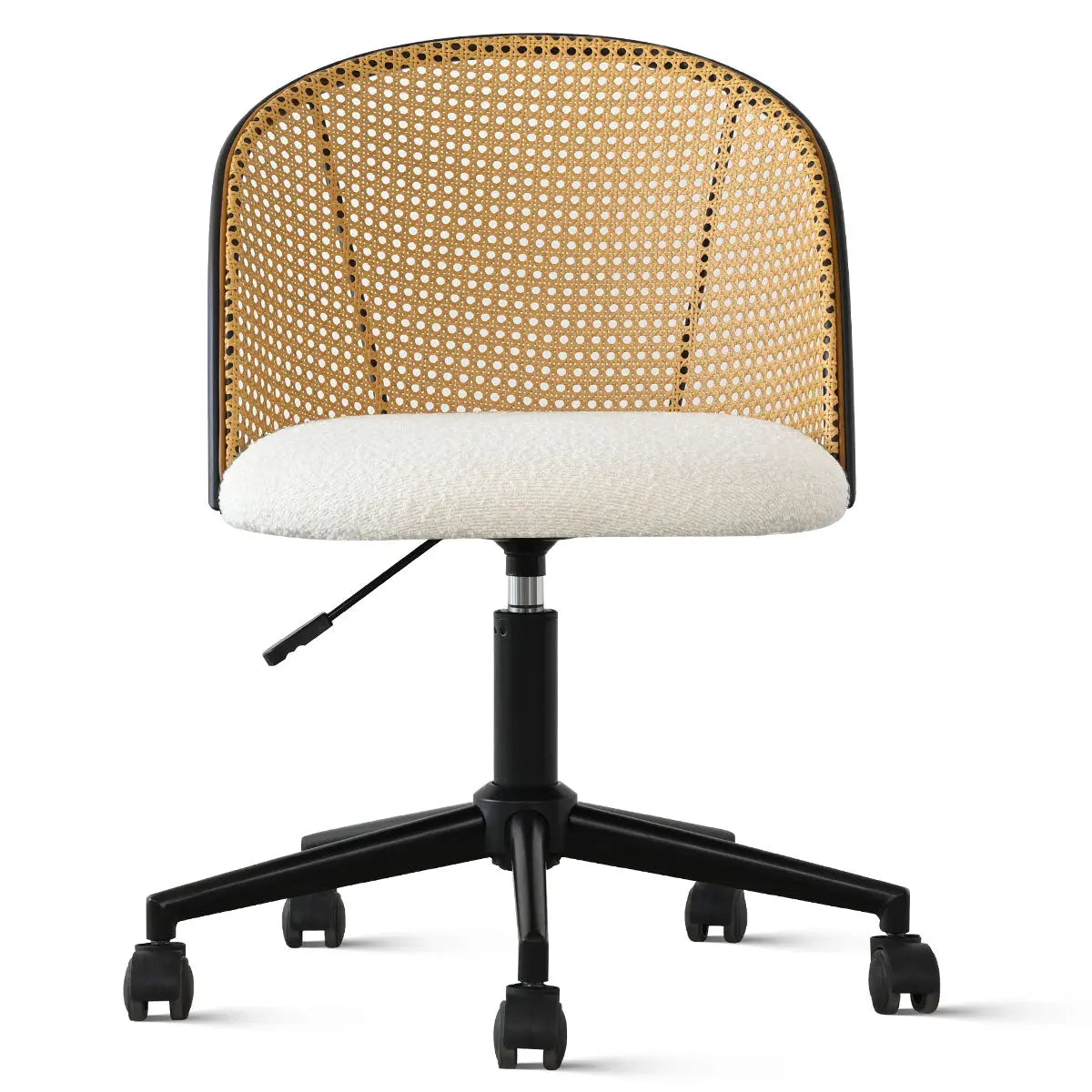 Jules Modern Upholstered Rattan Swivel Adjustable Office Chair with cushioned seat and black base.