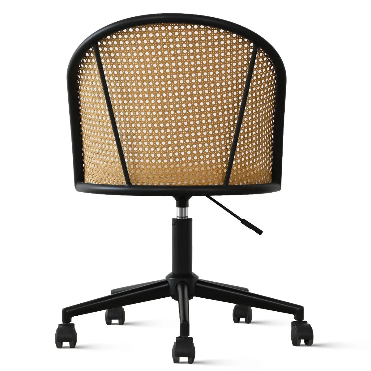 Back view of Jules Modern Rattan Swivel Adjustable Office Chair, black and natural rattan design.