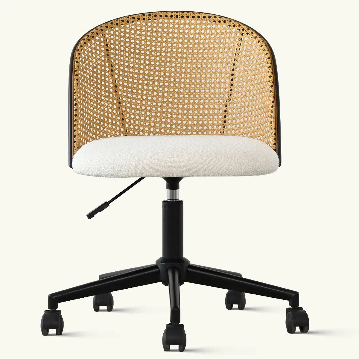 Jules Modern Upholstered Rattan Swivel Office Chair, adjustable height with black base and wheels.