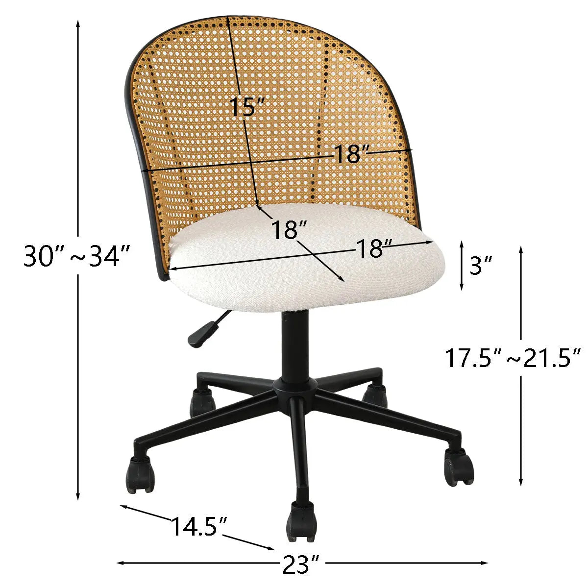 Jules Modern Upholstered Rattan Swivel Adjustable Office Chair, dimensions shown, black base.