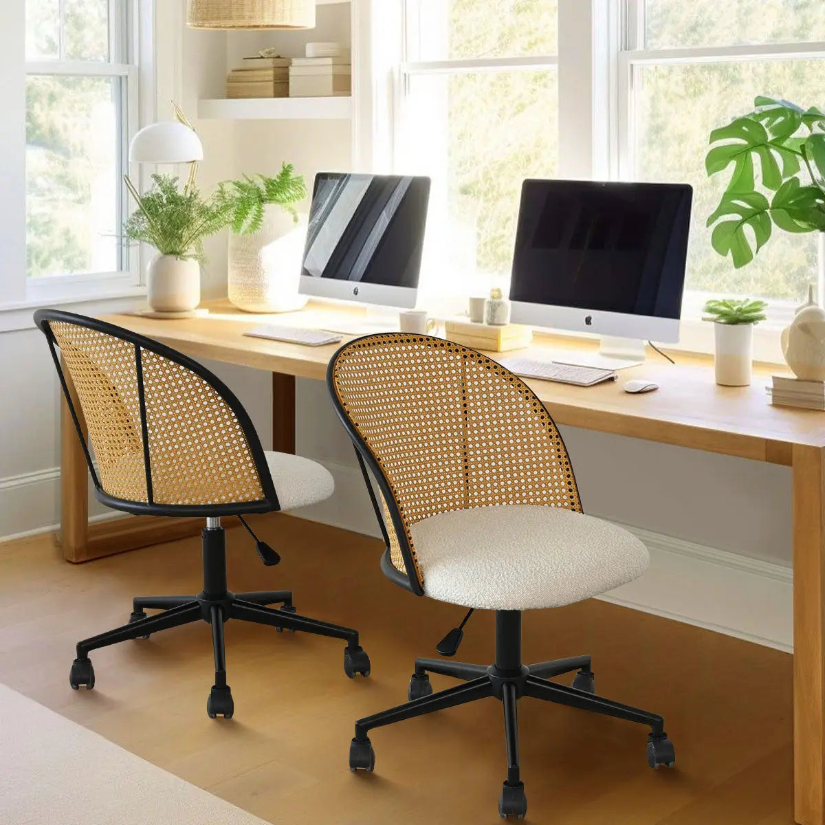 Jules Modern Upholstered Rattan Chair in home office with wooden desk and computers, light flooring.