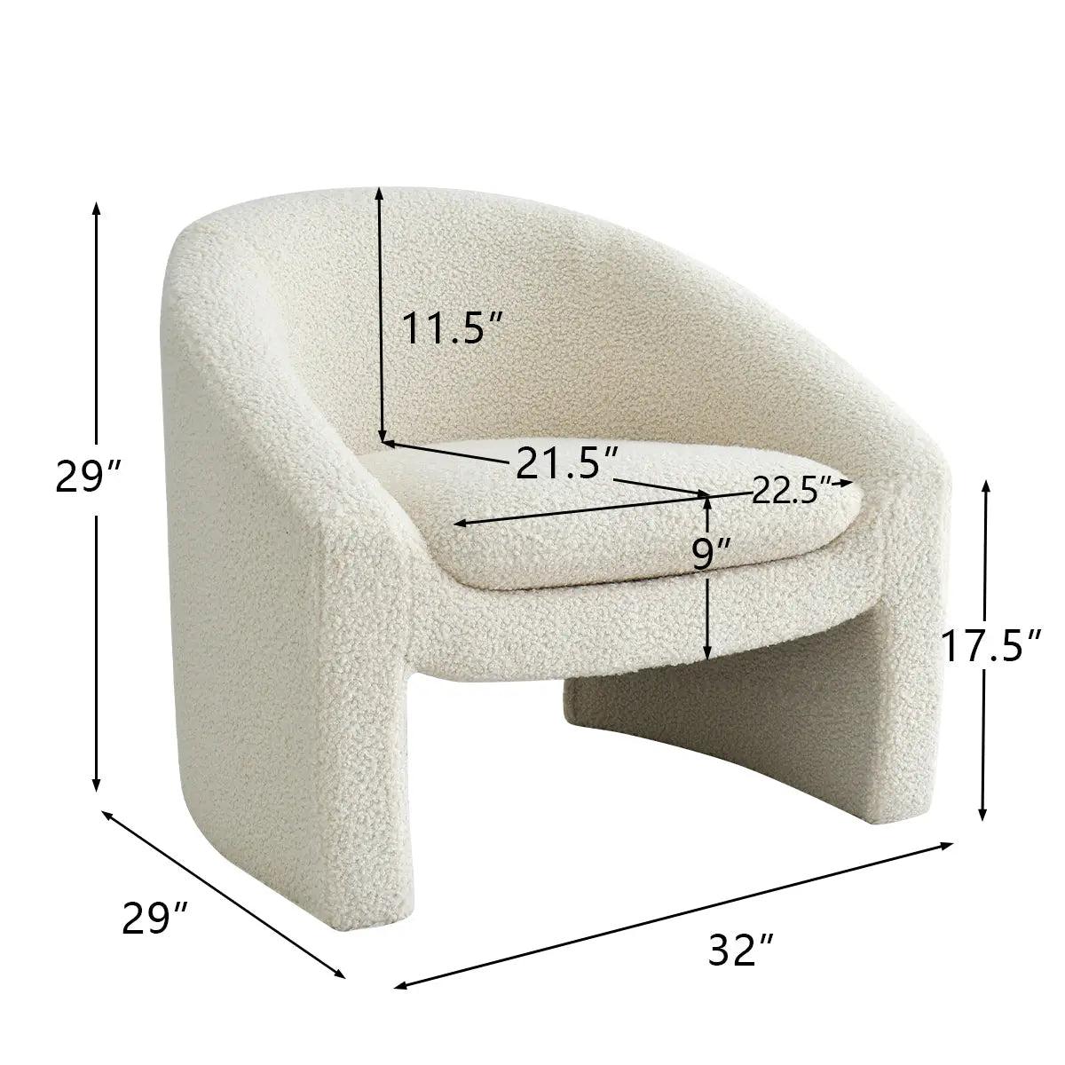 Kiki Boucle Accent Chair dimensions, modern upholstery, curved design, off-white color, cozy seating.