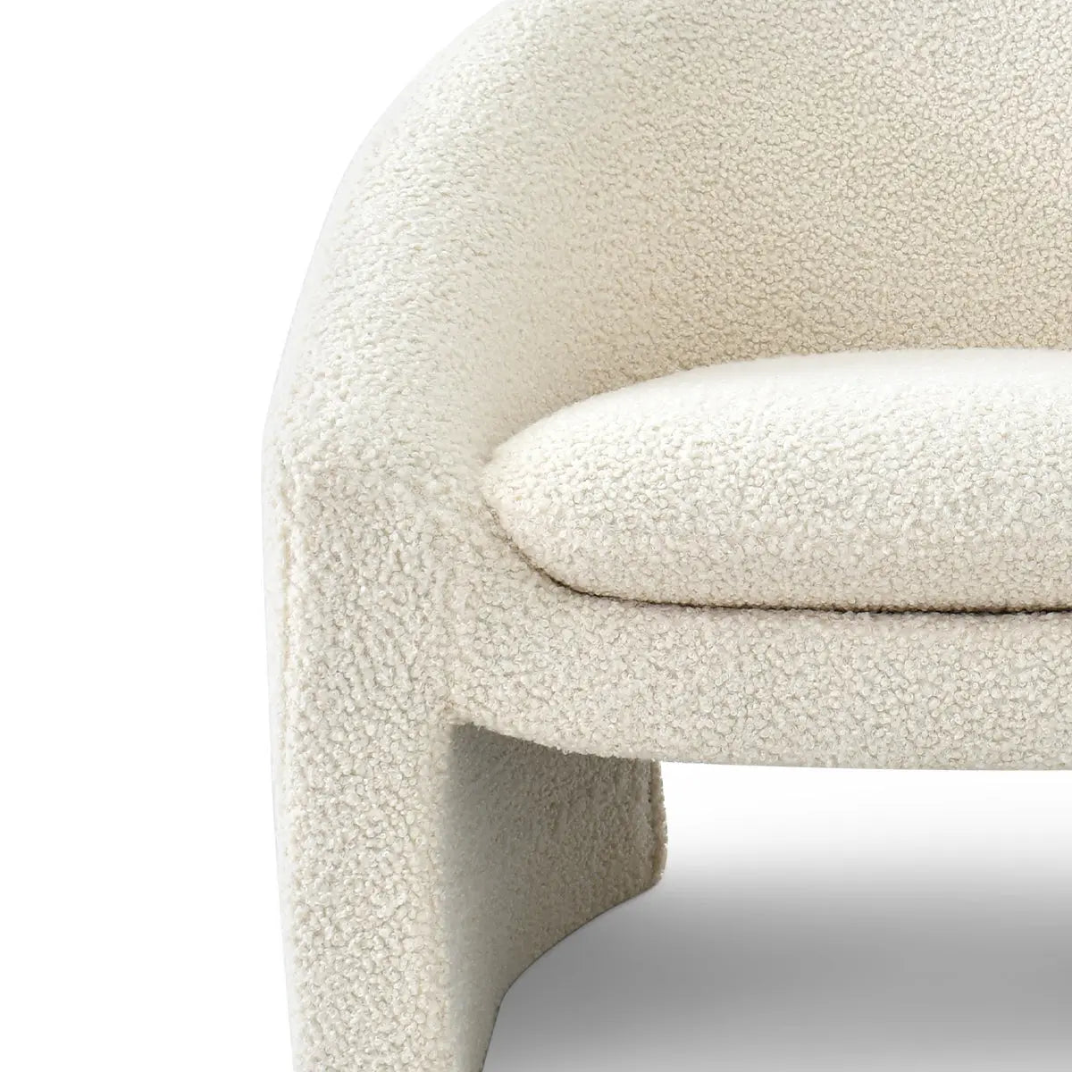 Kiki Boucle Chair with Arms, modern aesthetic, off-white textured fabric, close-up view.