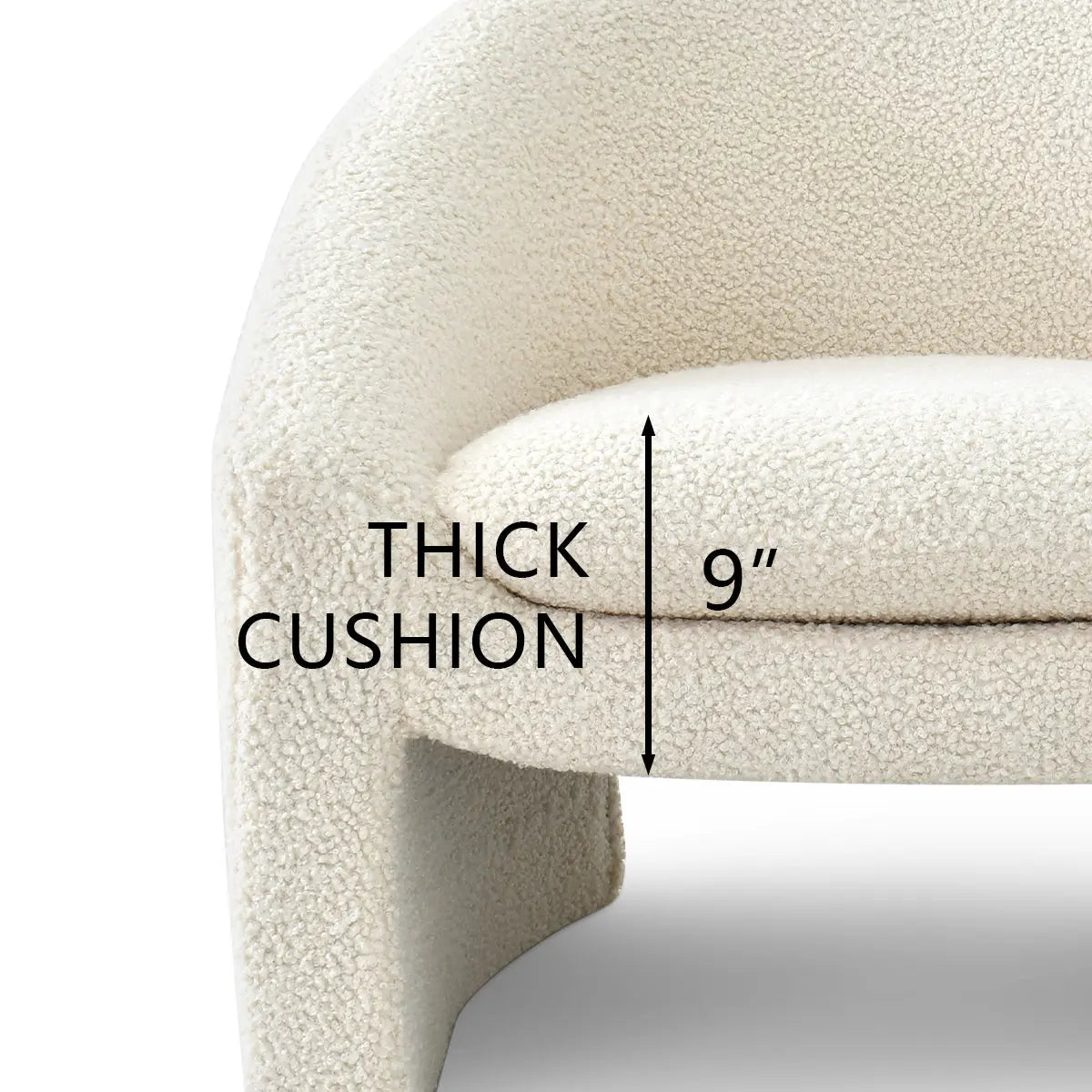 Kiki Modern Boucle Accent Chair with Arms features a 9-inch thick cushion dimension detail.