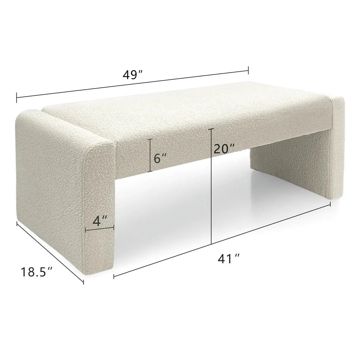 Kaia Modern Beige Upholstered Waterfall Bench with dimensions, elegant design, perfect for stylish interiors.