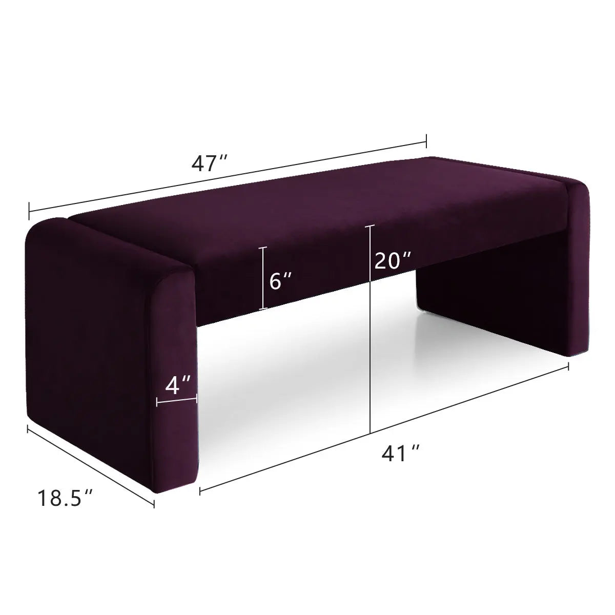 Contemporary Kaia waterfall bench, purple velvet, dimensions included, ideal for modern living spaces.