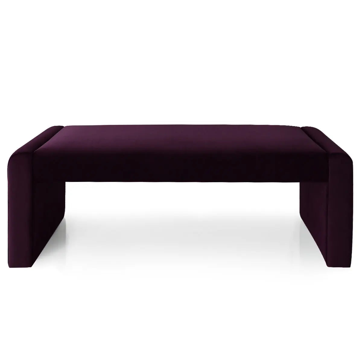 Kaia Modern Leather & Velvet Waterfall Bench in dark hue, minimalist design, white flooring.