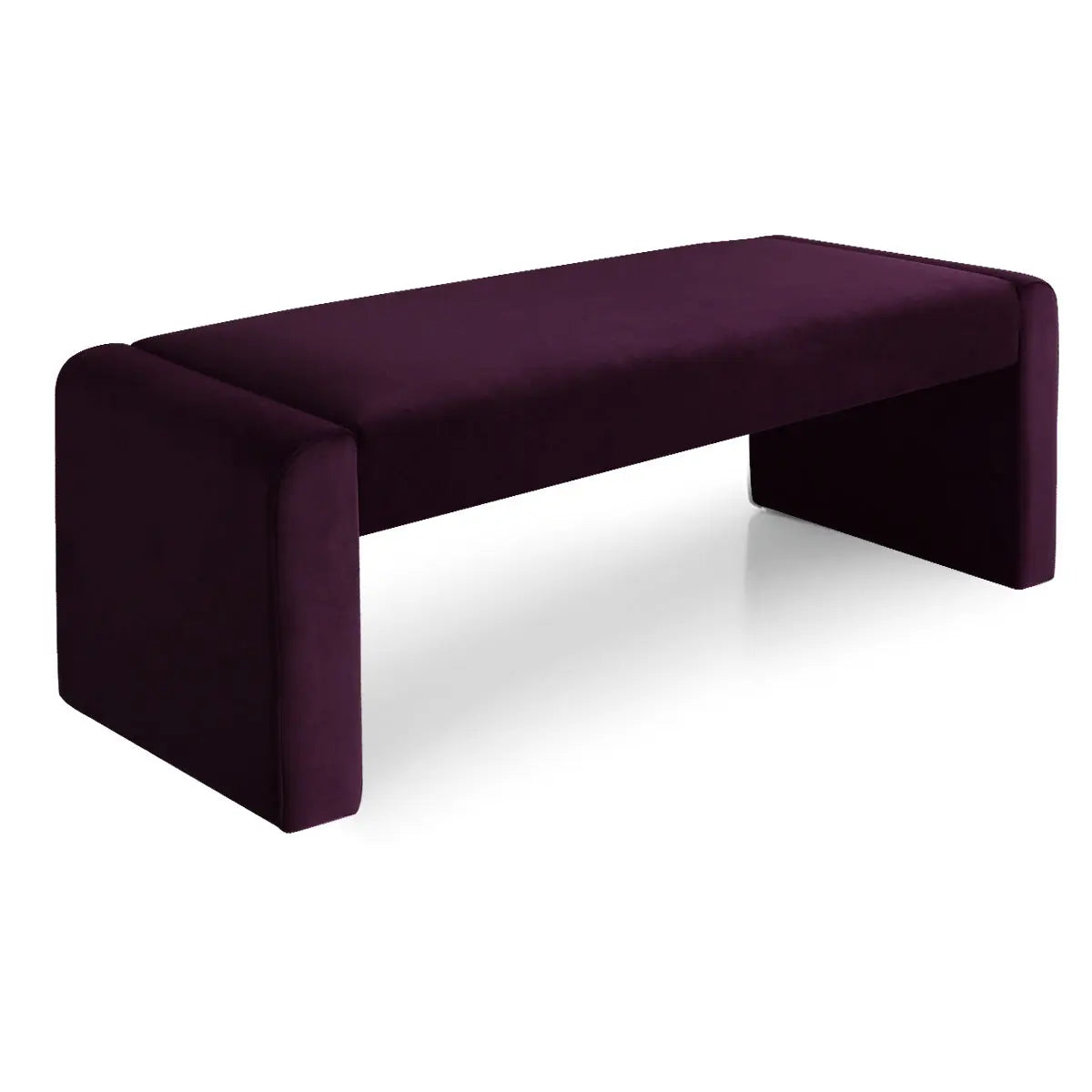 Kaia bench in velvet, modern design; leather accents, waterfall style, ideal for living rooms.