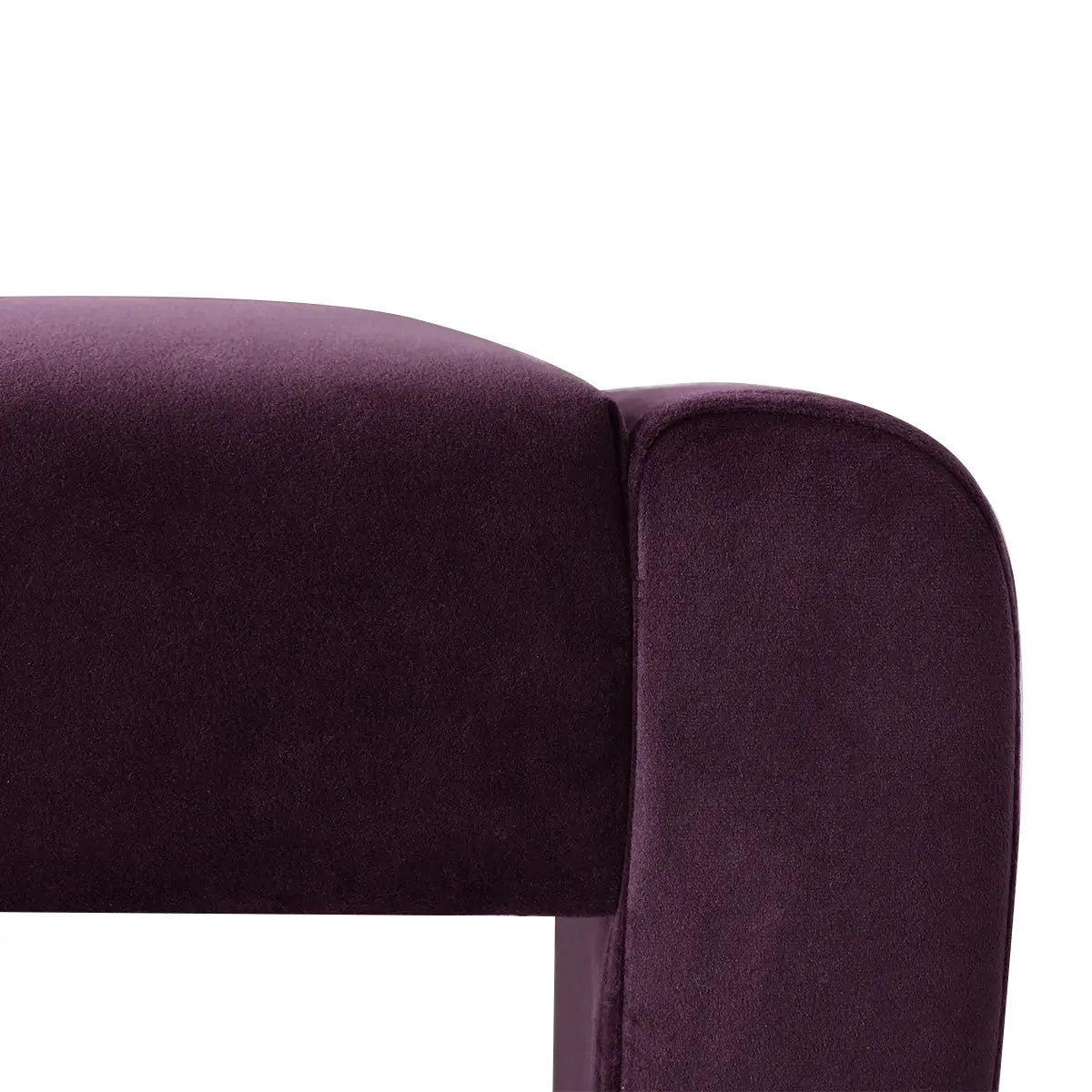 Close-up of dark purple Kaia Waterfall Bench in velvet and leather design.