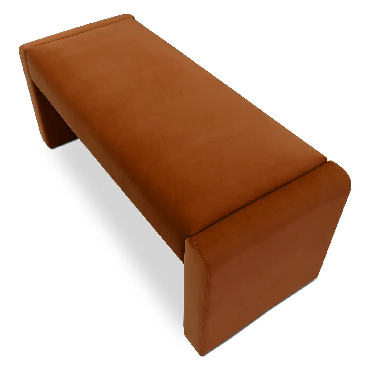 Kaia Modern Leather & Velvet Waterfall Bench in brown; elegant seating for contemporary spaces.