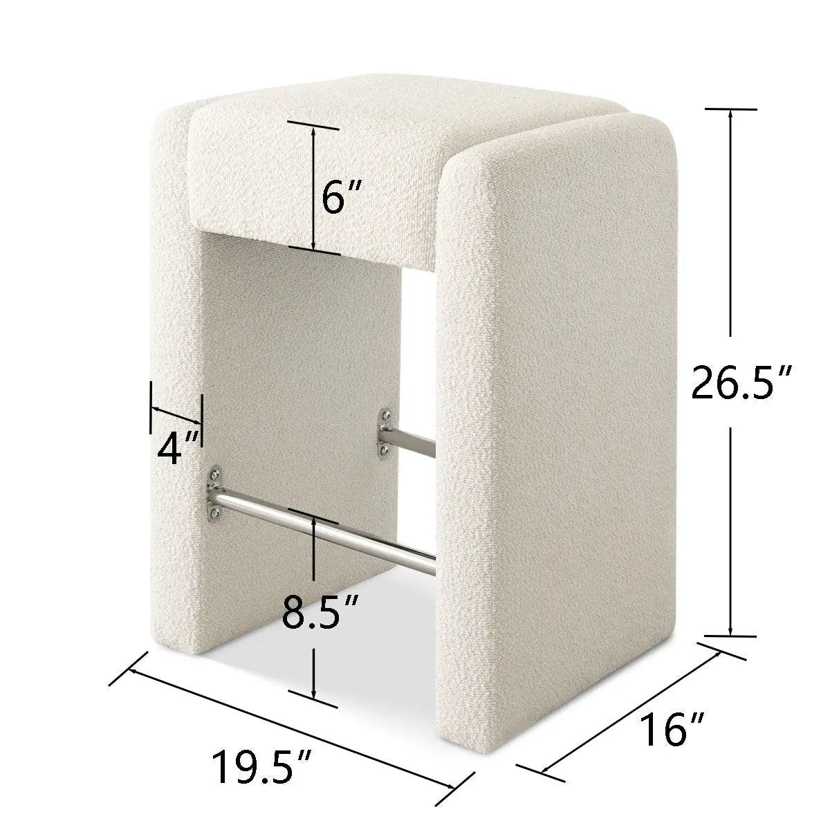 Kaia Modern Beige Boucle Counter Stool with dimensions in simple style.