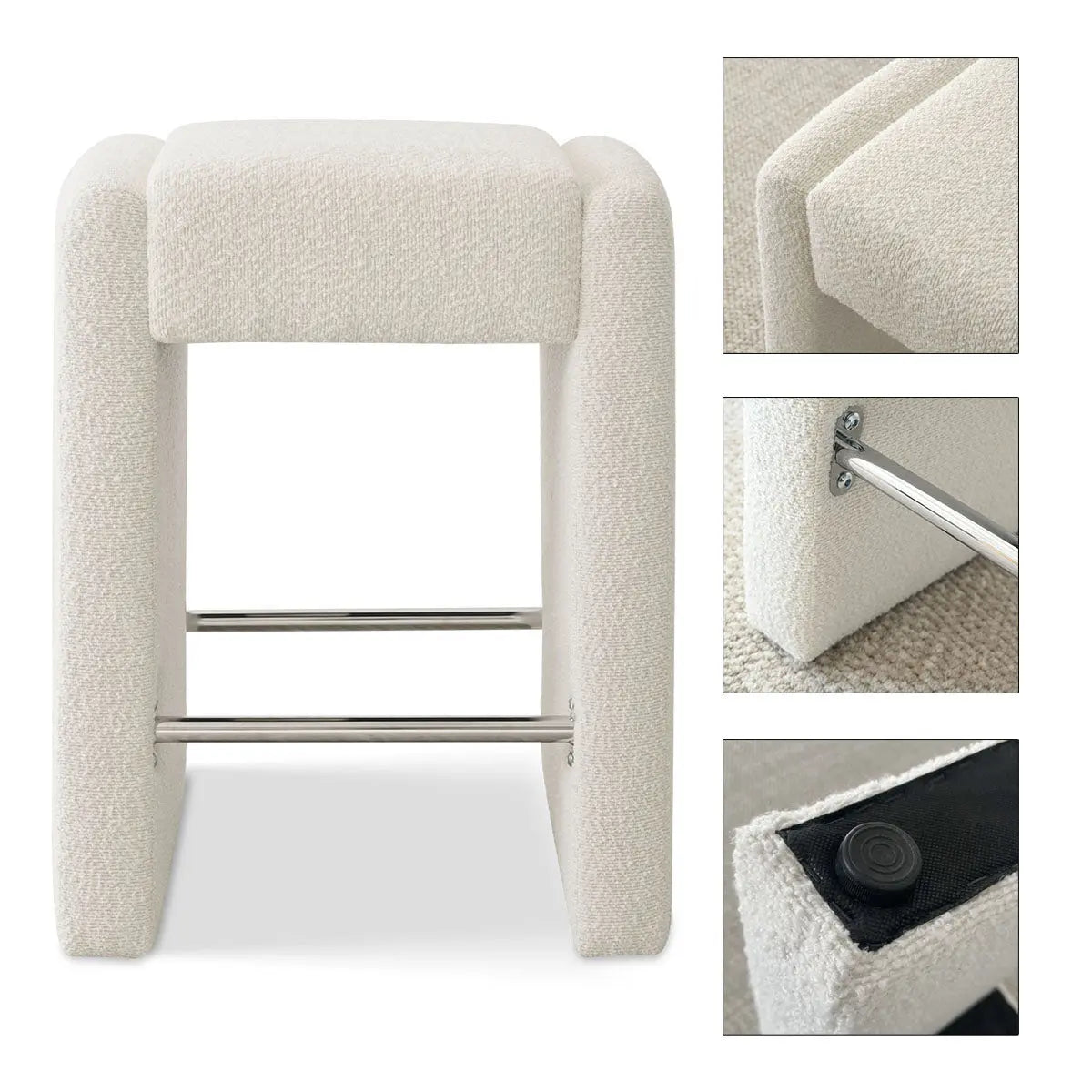 Kaia beige boucle counter stool with chrome legs, featuring close-up details and dimensions.