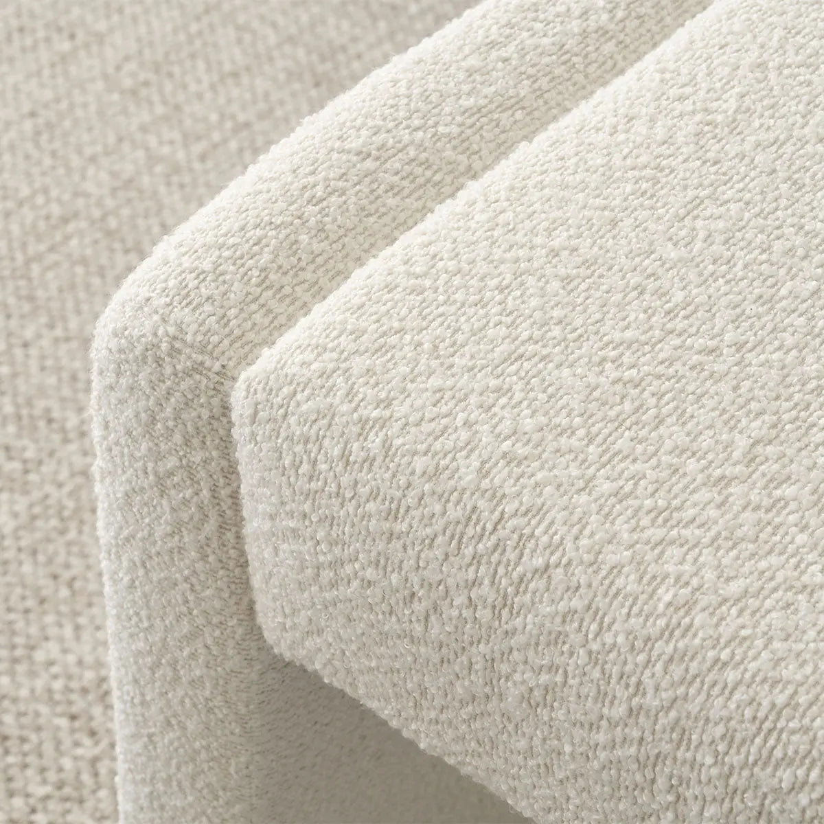 Close-up of Kaia Beige Boucle Counter Stool upholstery texture, showcasing modern design and material detail.