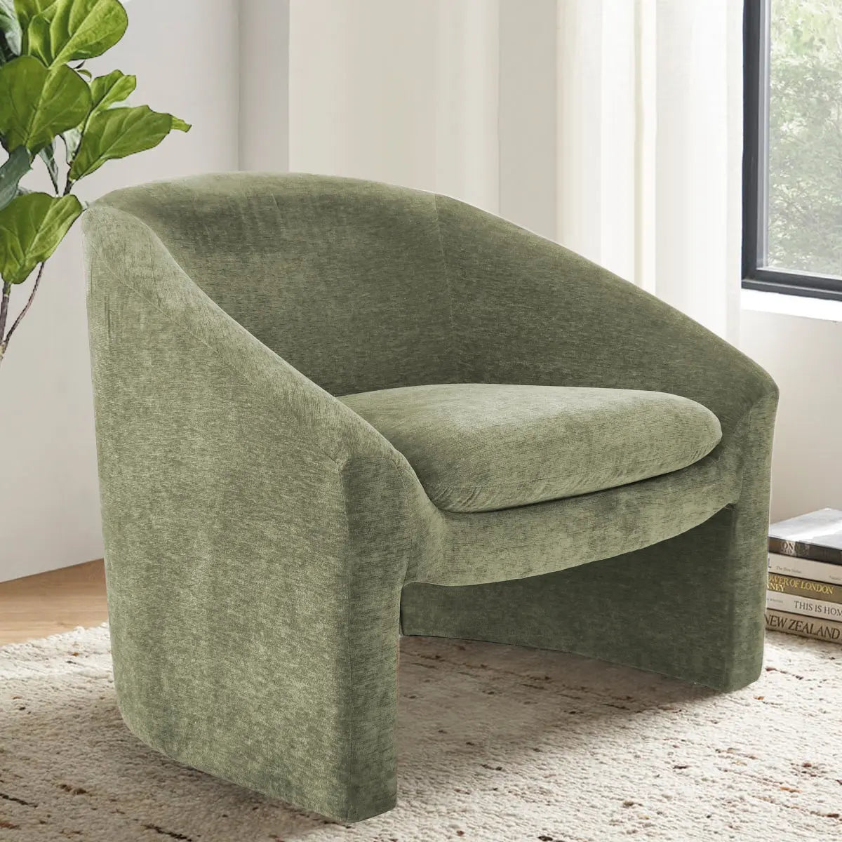 Kiki 32" Modern Chenille Boucle Accent Chair with rug and plant, light-filled room.