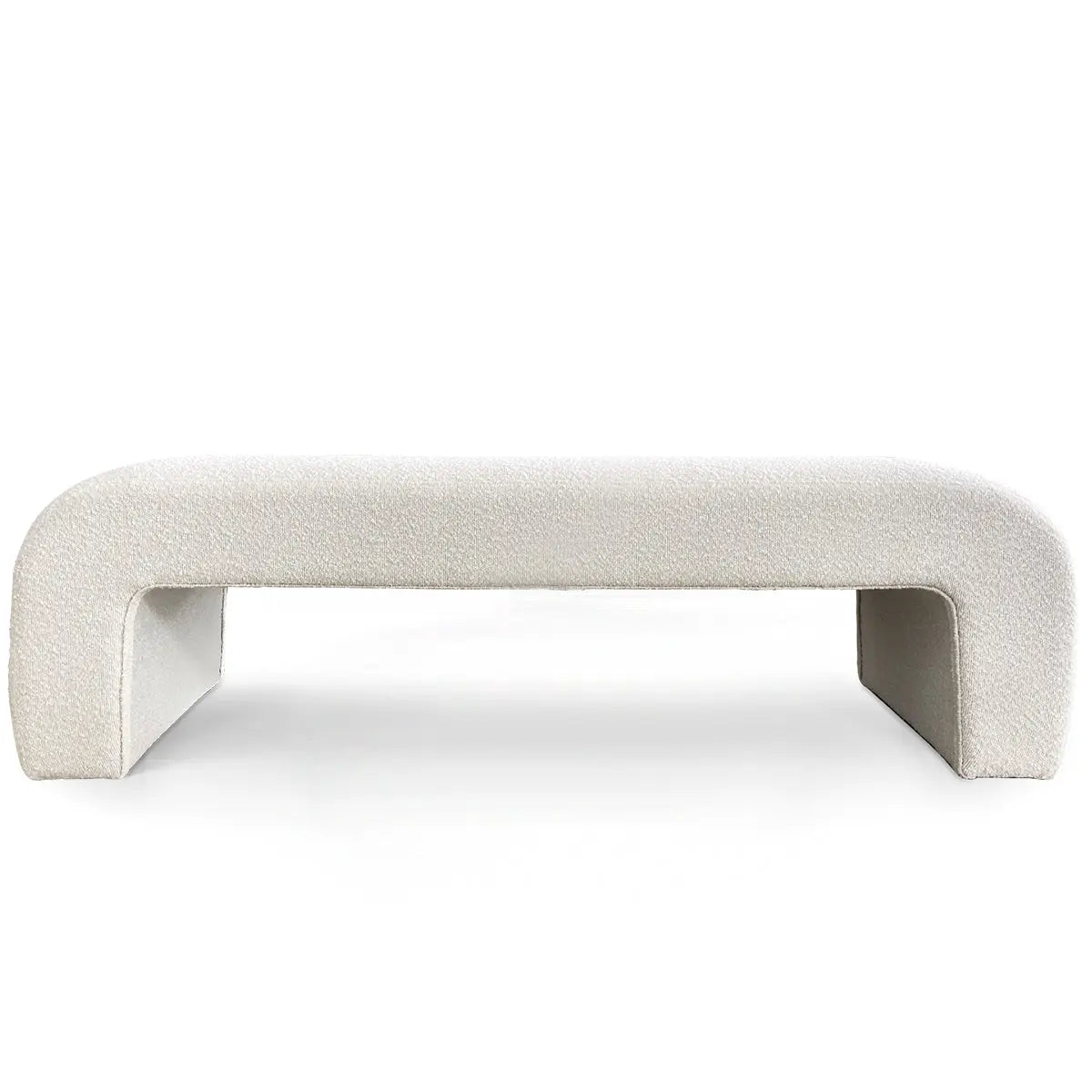 Lily Modern Beige Boucle Waterfall Bench in minimalist style, featuring elegant, curved design.