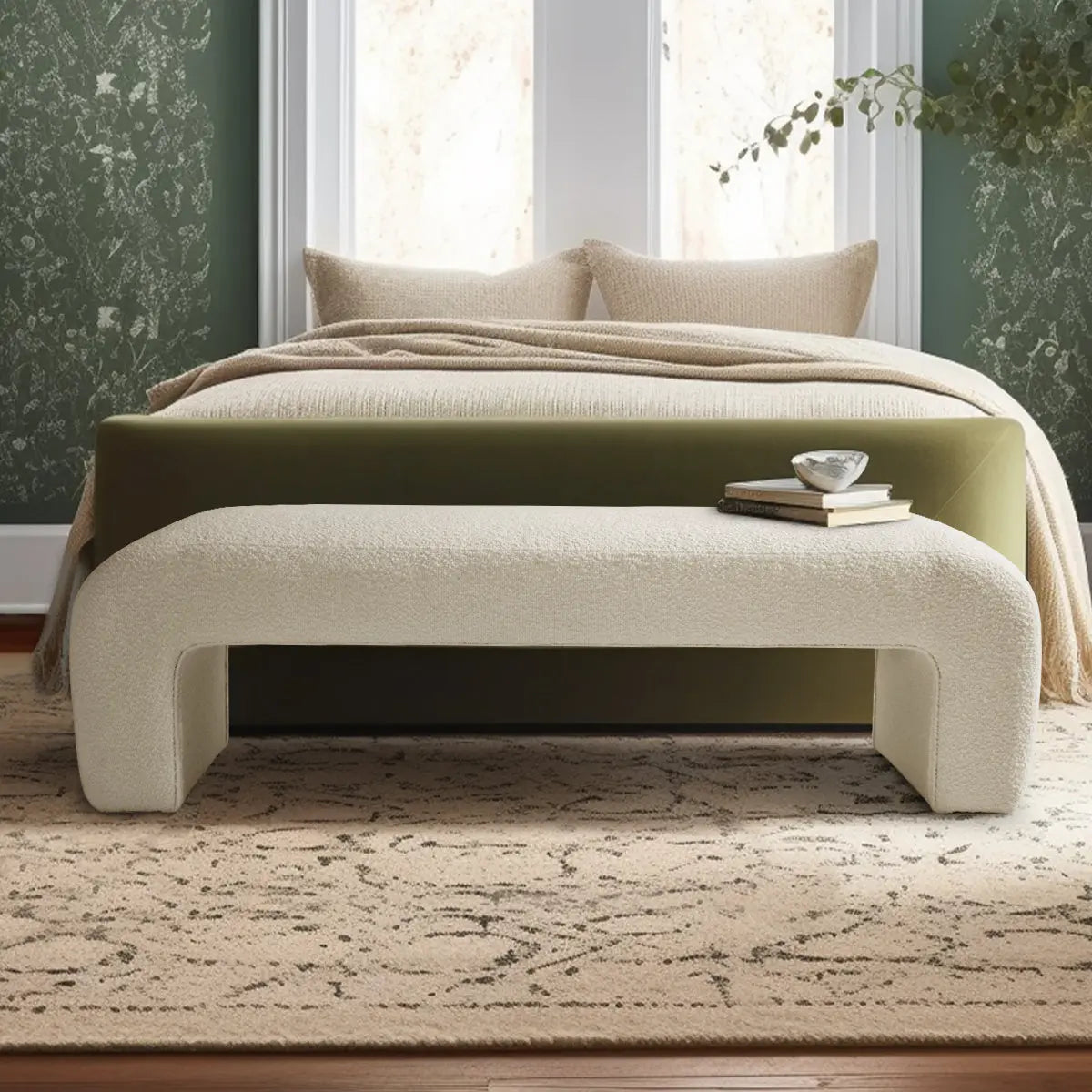 Lily Modern Beige Boucle Waterfall Bench in bedroom, green wall, patterned rug, olive velvet bed.